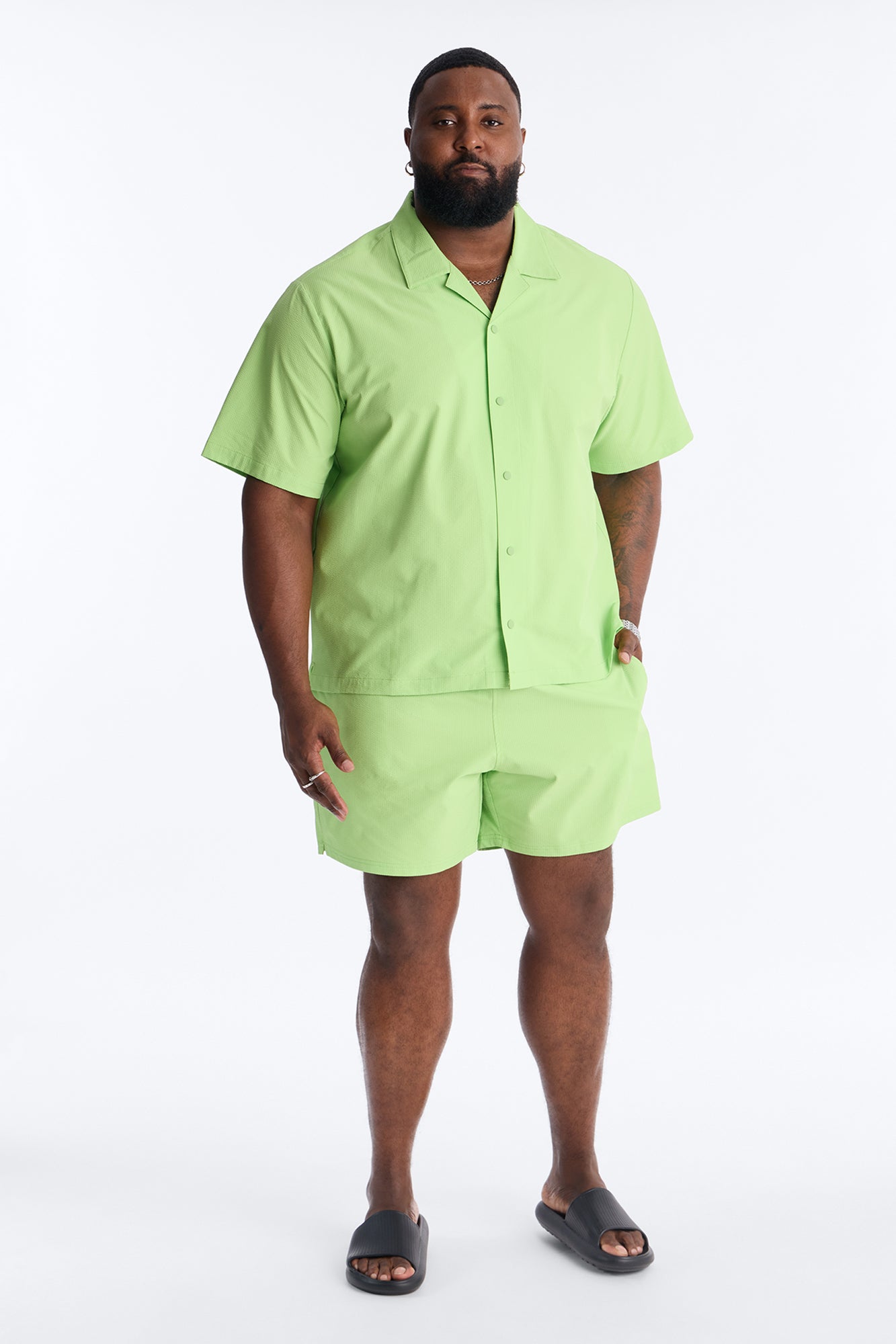 Seersucker Short Sleeve Cuban Collar Shirt - Lime
