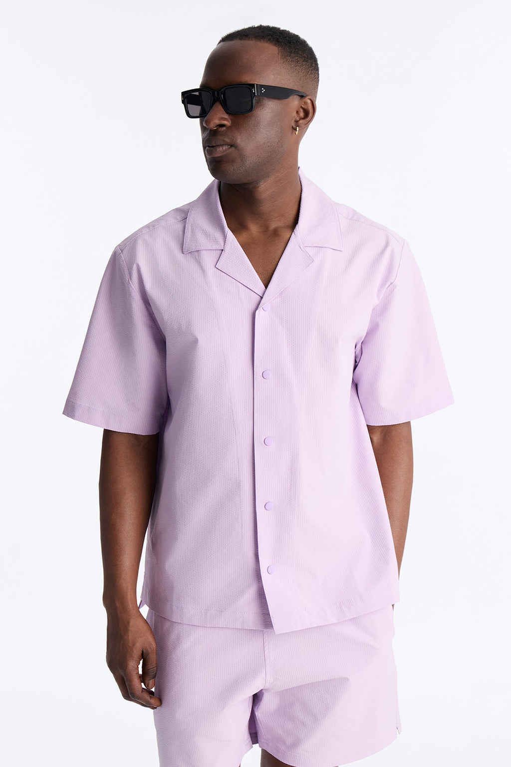 Seersucker Short Sleeve Cuban Collar Shirt - Lavender