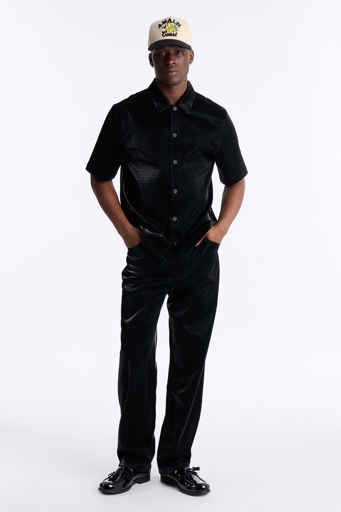Tisse Textured Faux Leather Button Up Shirt - Black