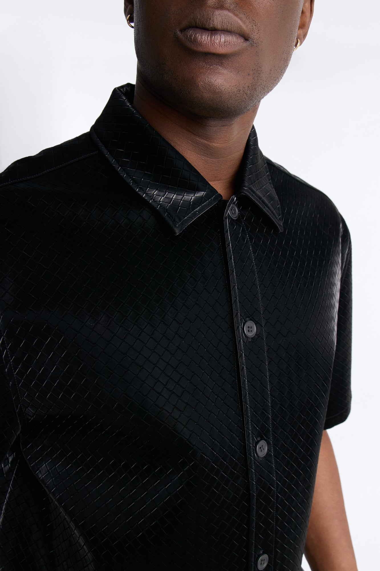 Tisse Textured Faux Leather Button Up Shirt - Black