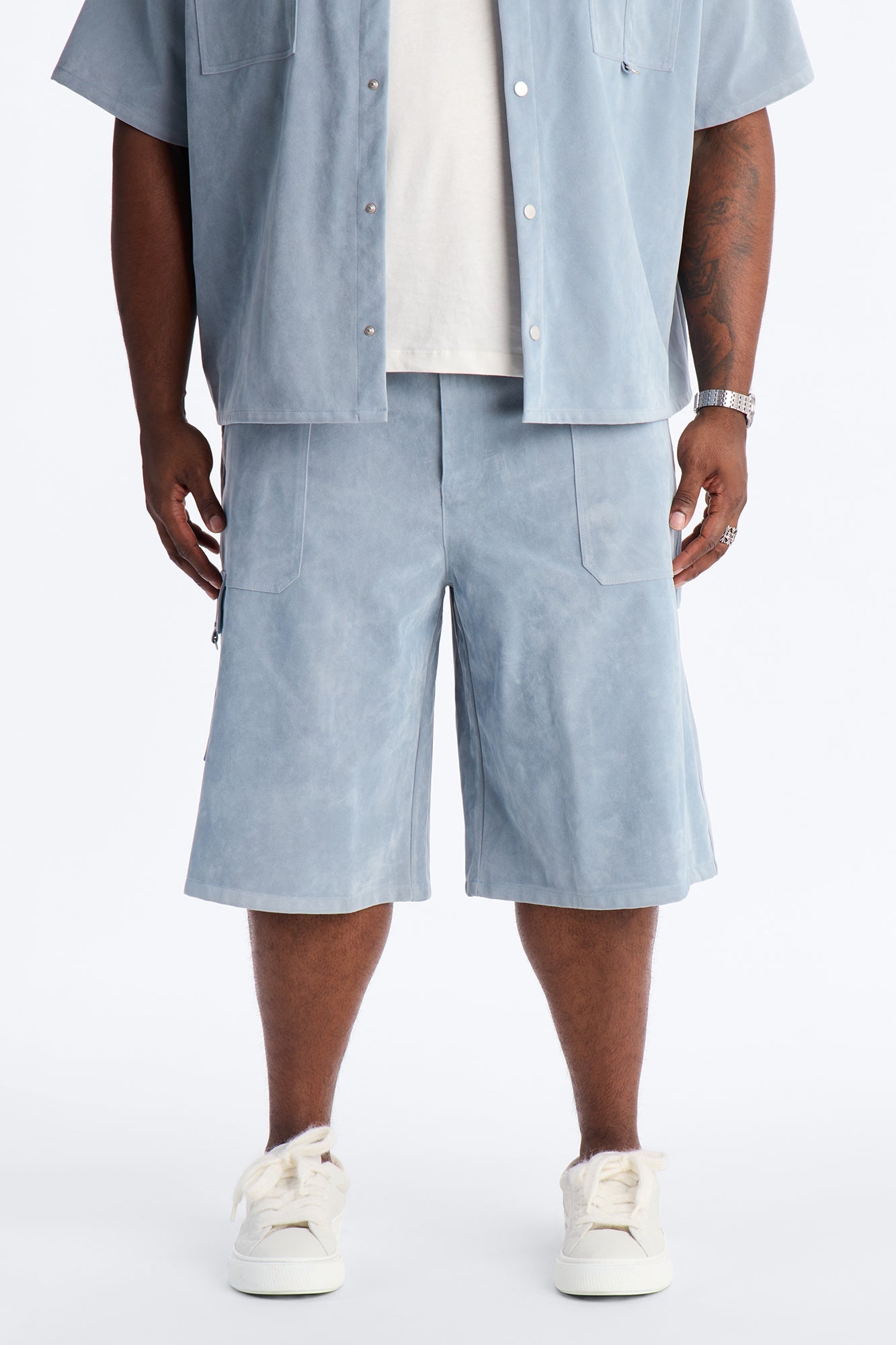 Baggy Freedom Ranch Faux Suede Utility Short - Light Blue