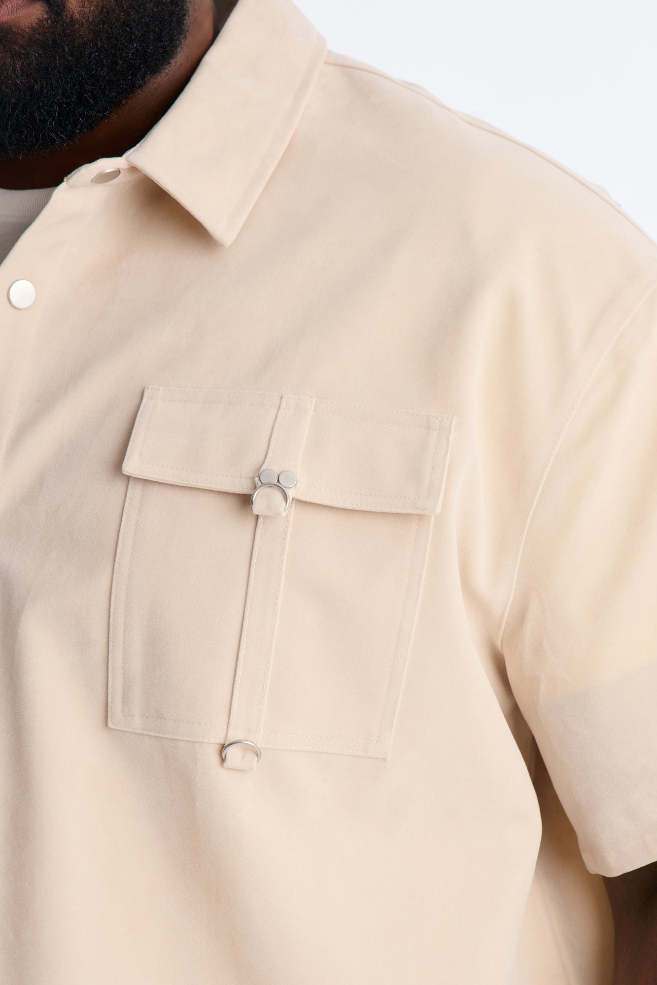 Boxy Cropped Ranch Faux Suede Utility Button Up Shirt - Stone
