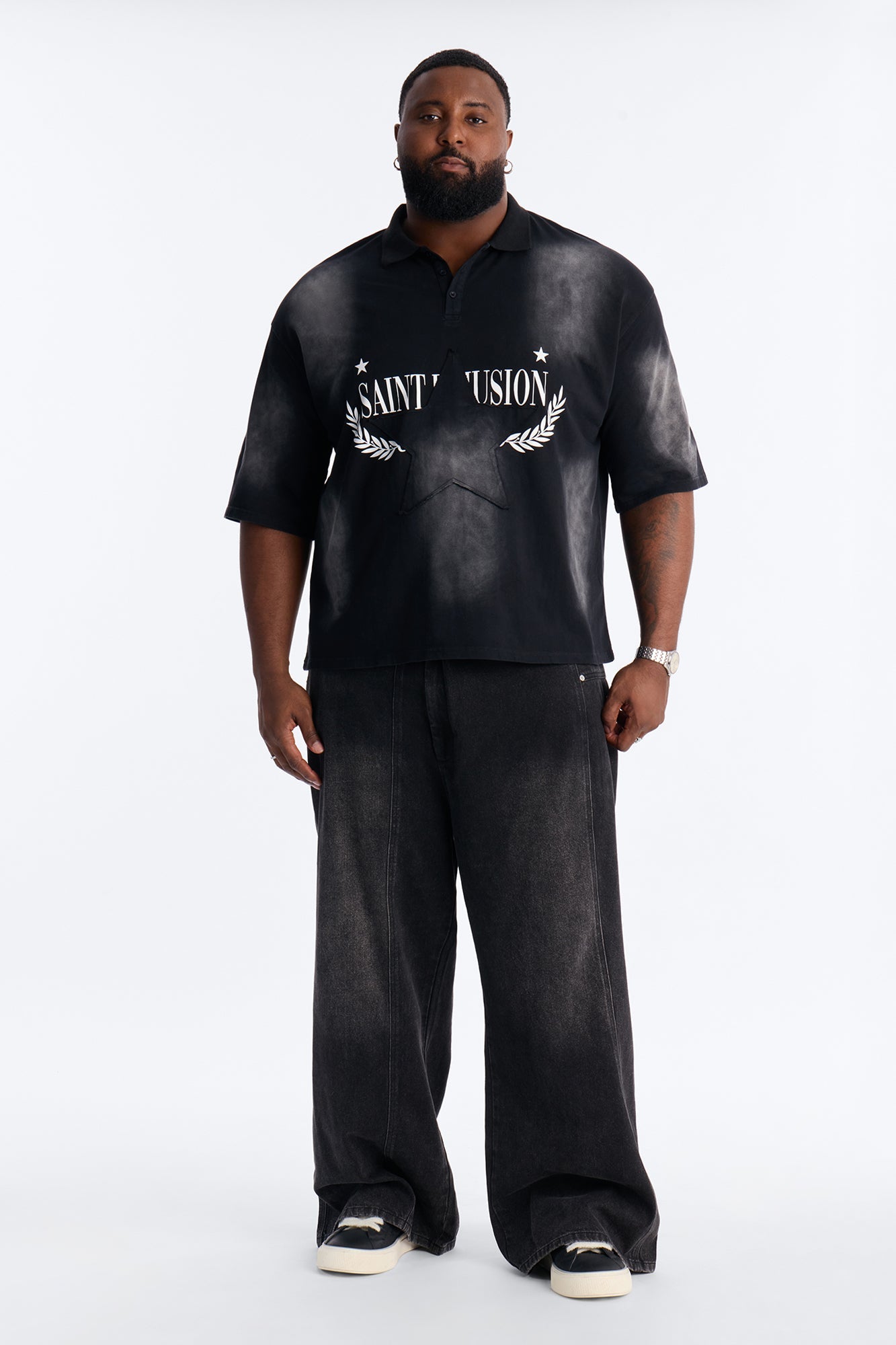 Stars And Saints illusion Short Sleeve Knit Polo - Black