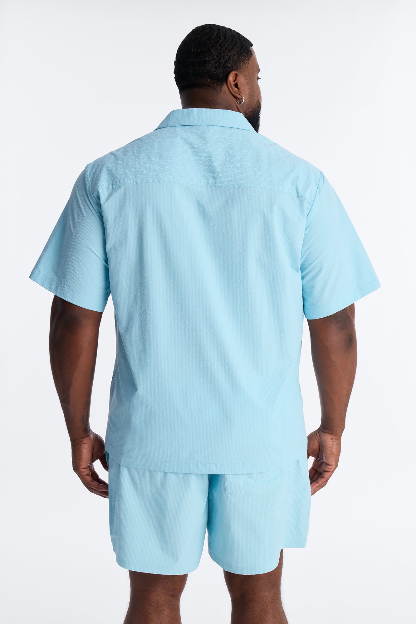 Seersucker Short Sleeve Cuban Collar Shirt - Light Blue