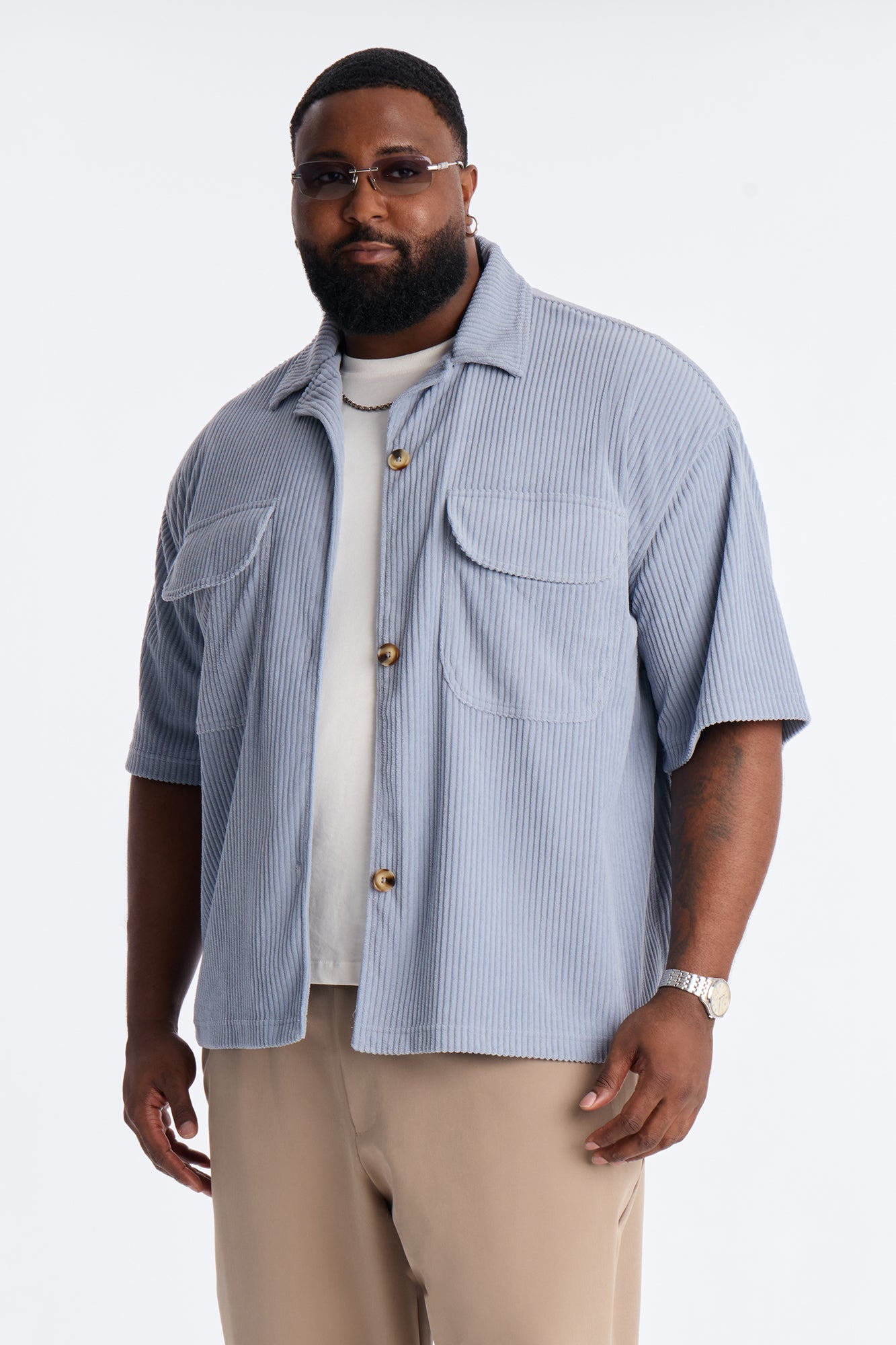 Ultra Oversized Corduroy Button Up Shirt - Light Blue