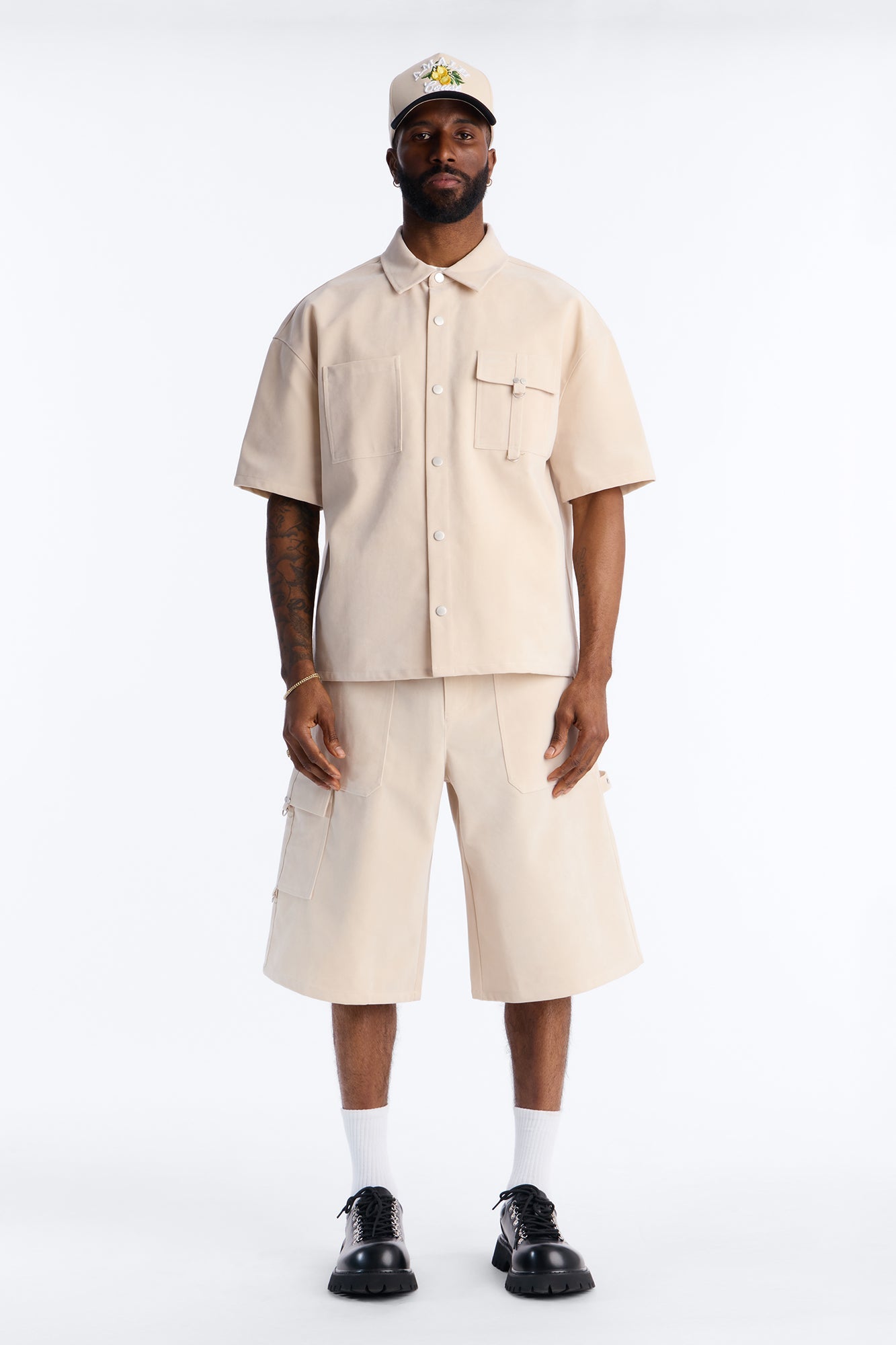 Boxy Cropped Ranch Faux Suede Utility Button Up Shirt - Stone