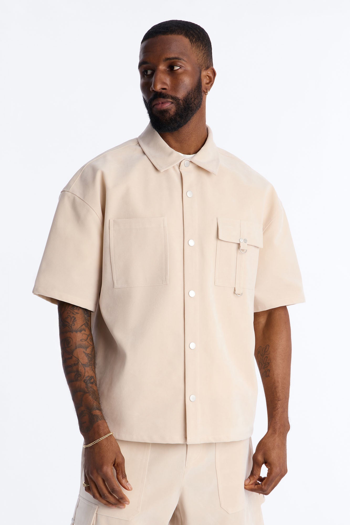 Boxy Cropped Ranch Faux Suede Utility Button Up Shirt - Stone
