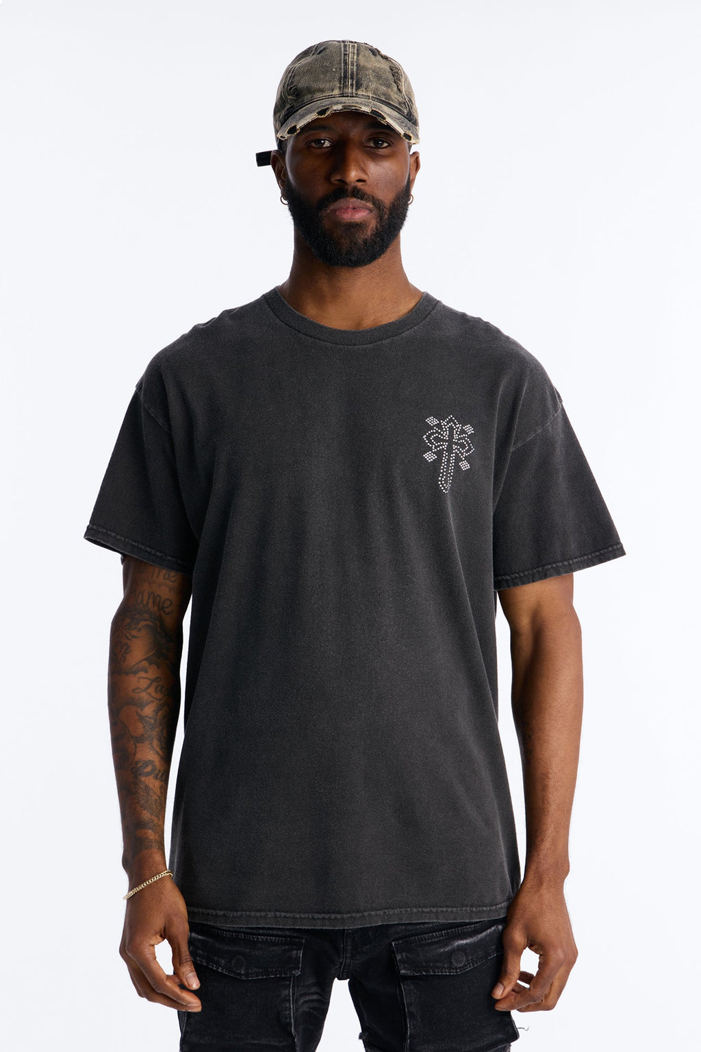Cross My Heart Rhinestones Oversized Short Sleeve Tee - Black