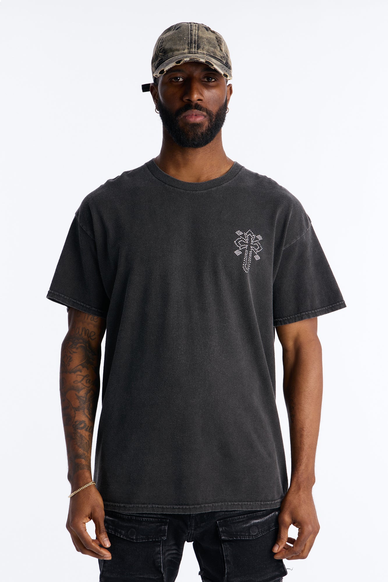 Cross My Heart Rhinestones Oversized Short Sleeve Tee - Black