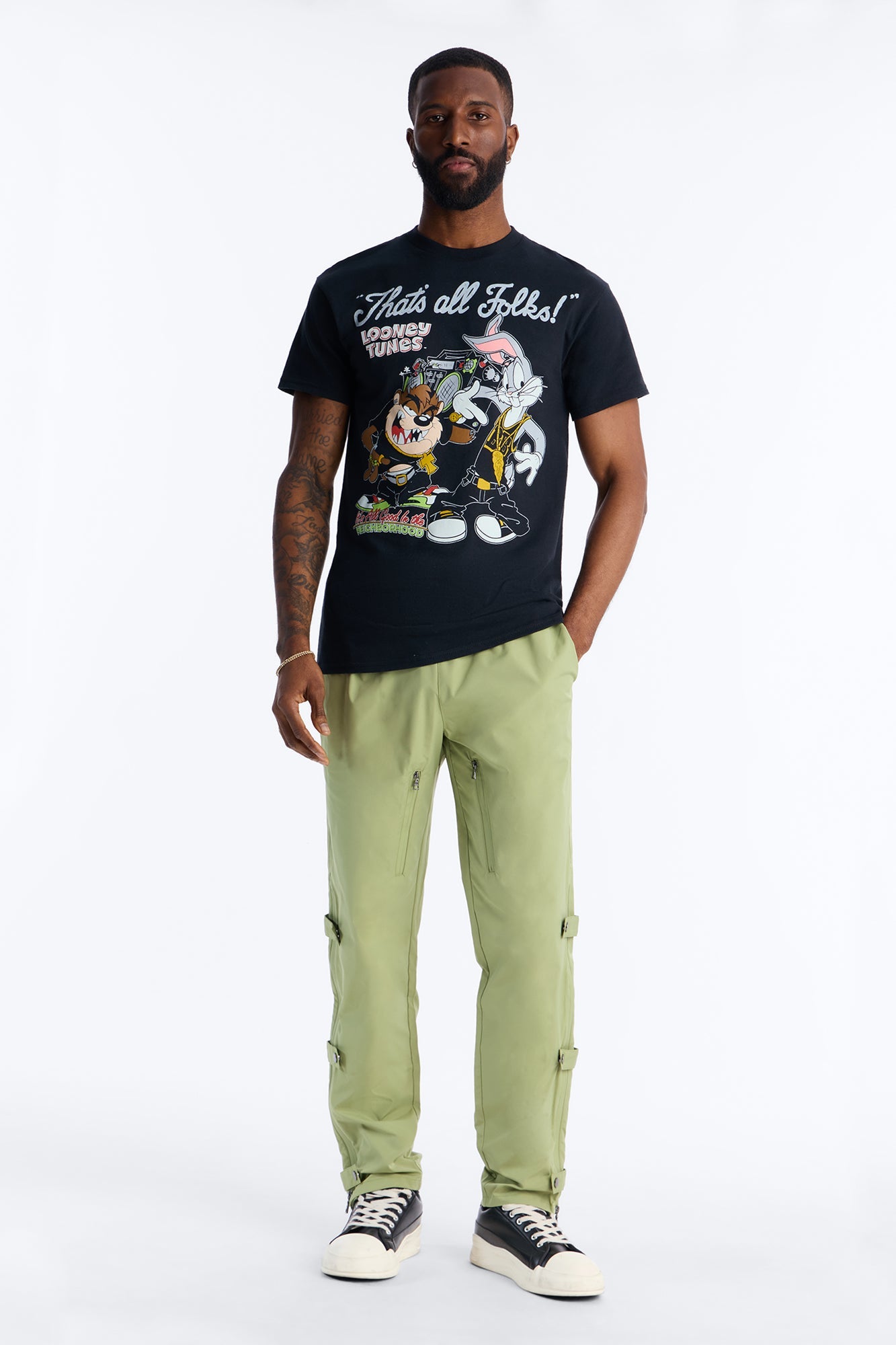 Looney Tunes Thats All Folks Rhinestone Short Sleeve Tee - Black