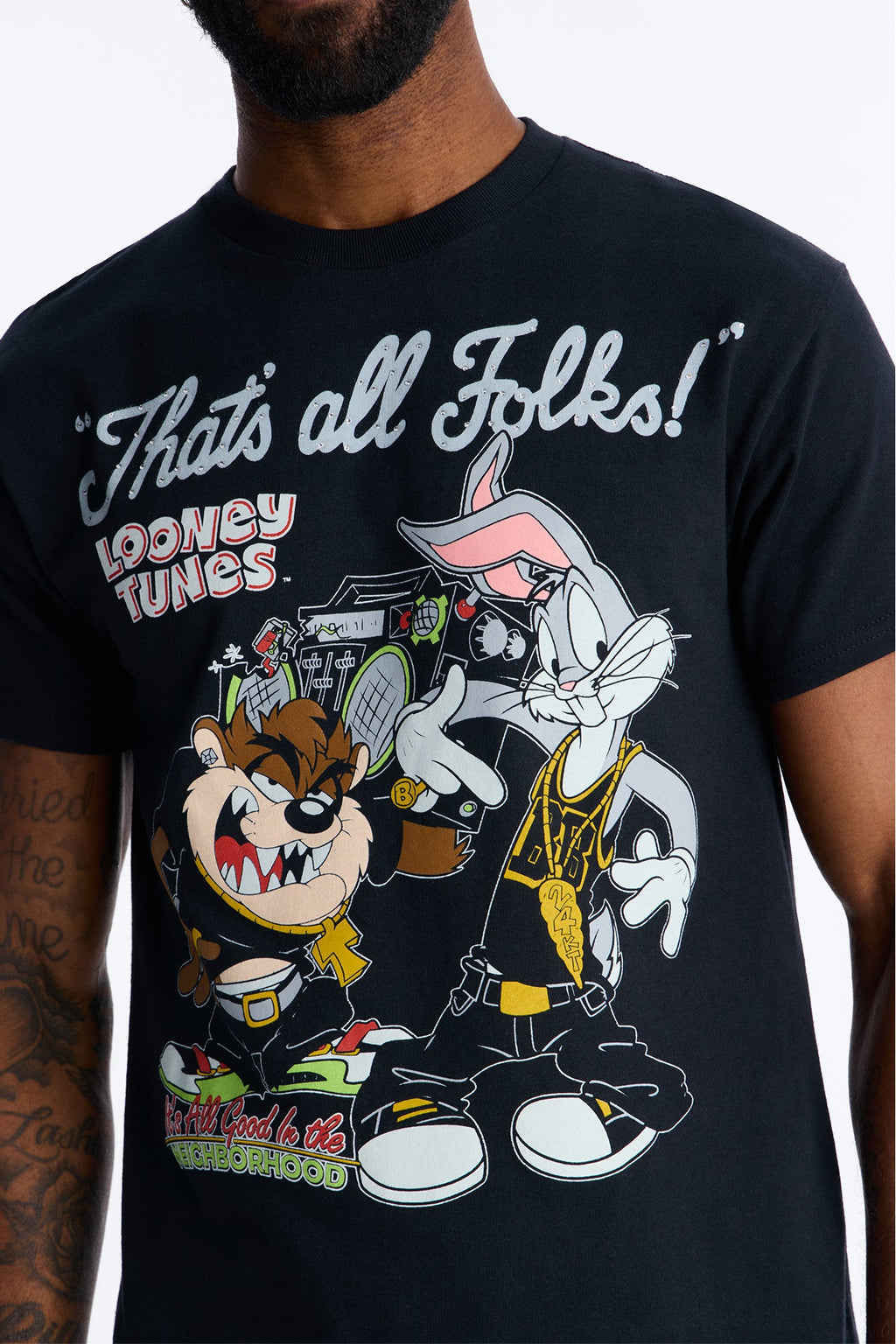 Looney Tunes Thats All Folks Rhinestone Short Sleeve Tee - Black