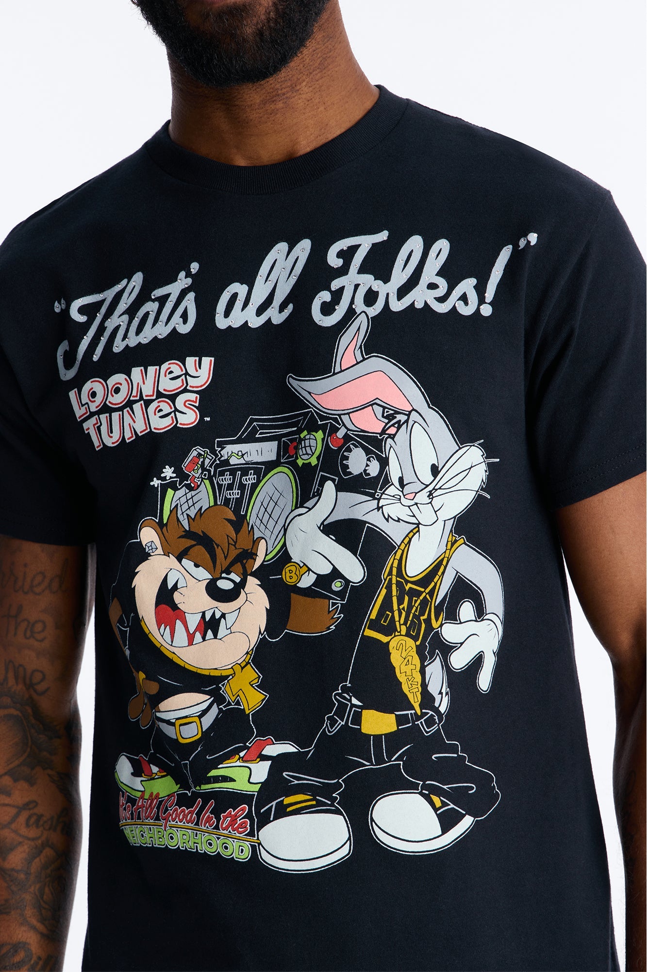 Looney Tunes Thats All Folks Rhinestone Short Sleeve Tee - Black