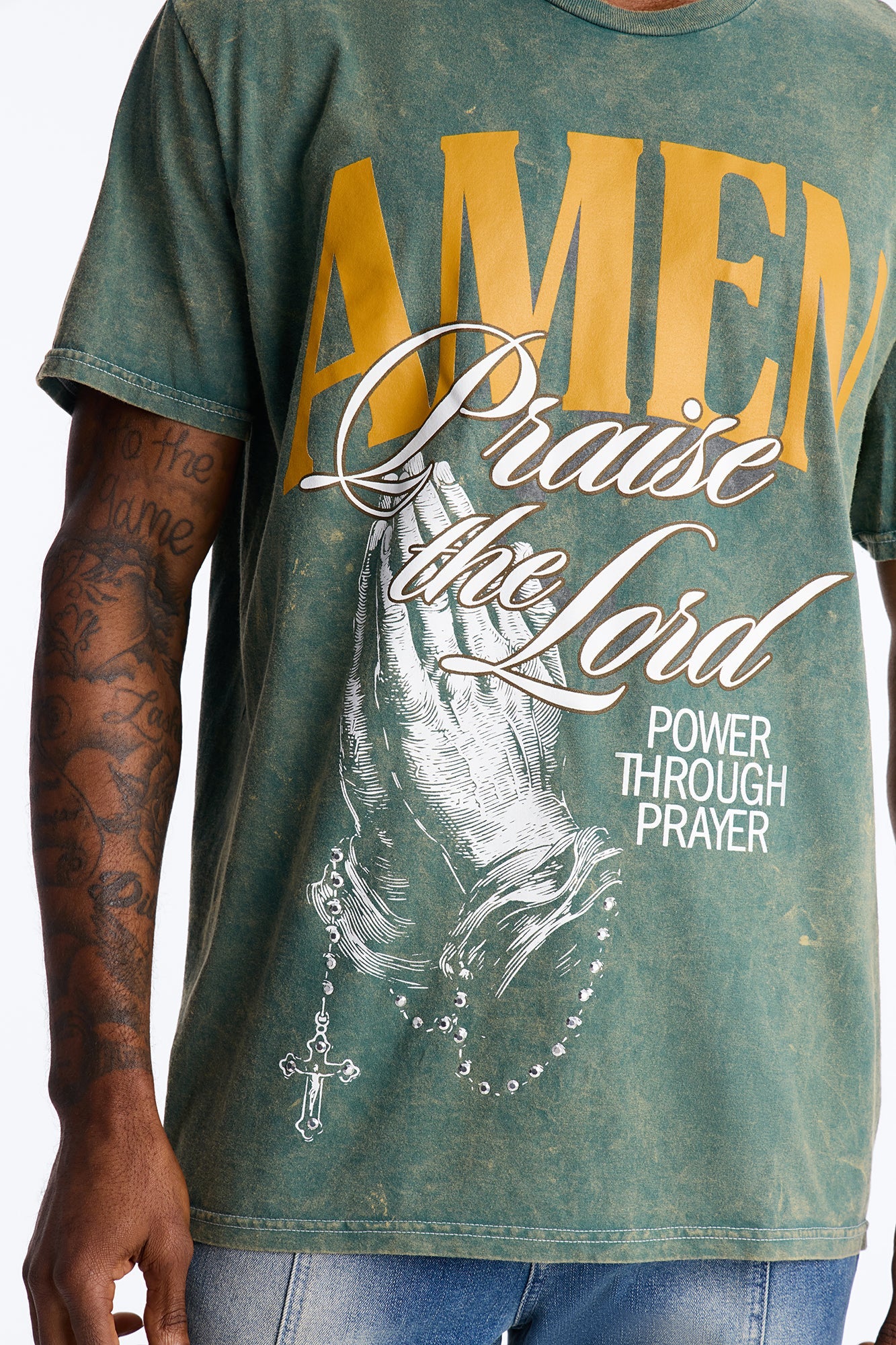 Amen Praise The Lord Rosary Studded Detail Graphic Short Sleeve Tee - Hunter Green