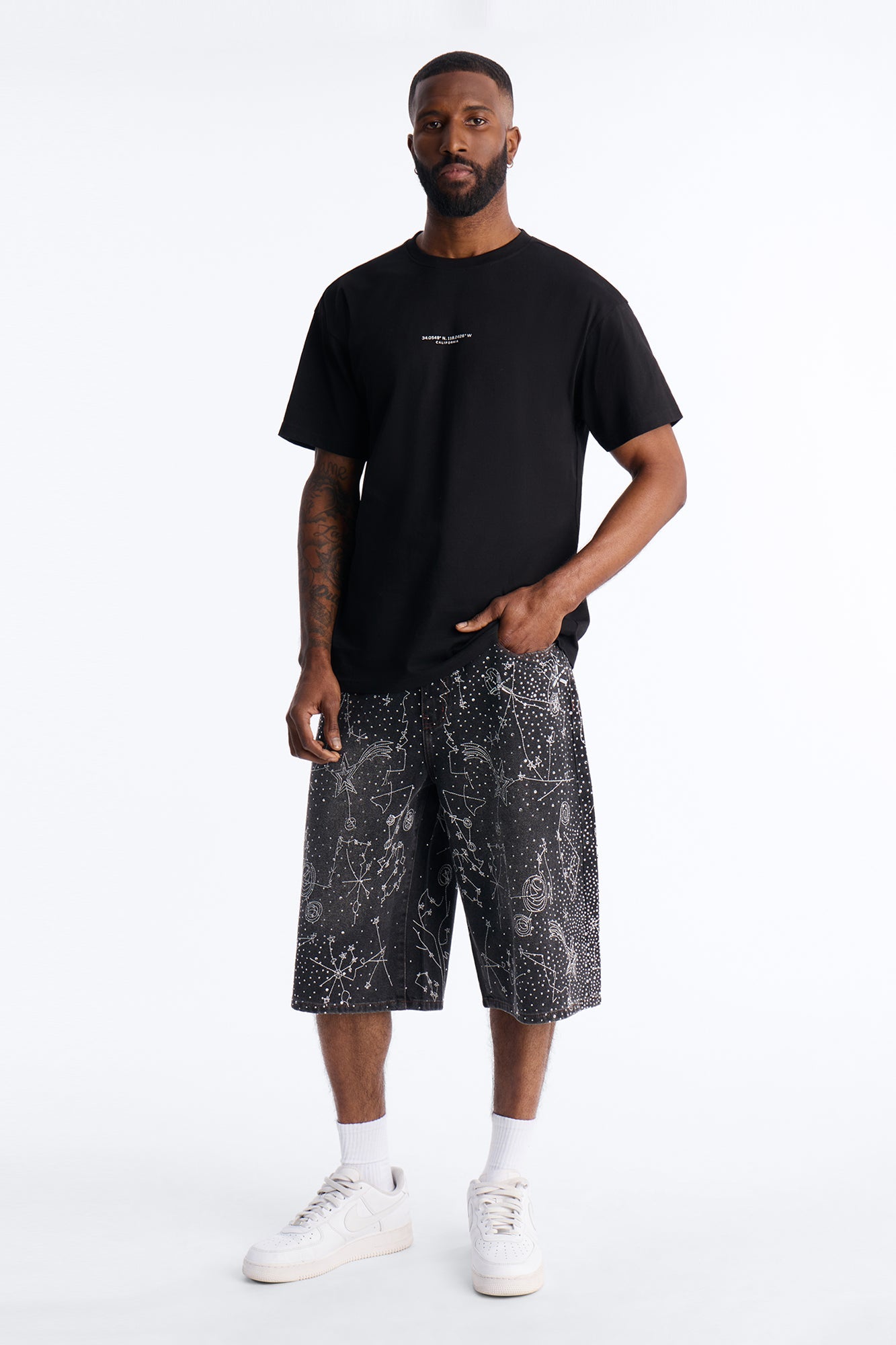 Rhinestone Interstellar Baggy Denim Short - Black Wash