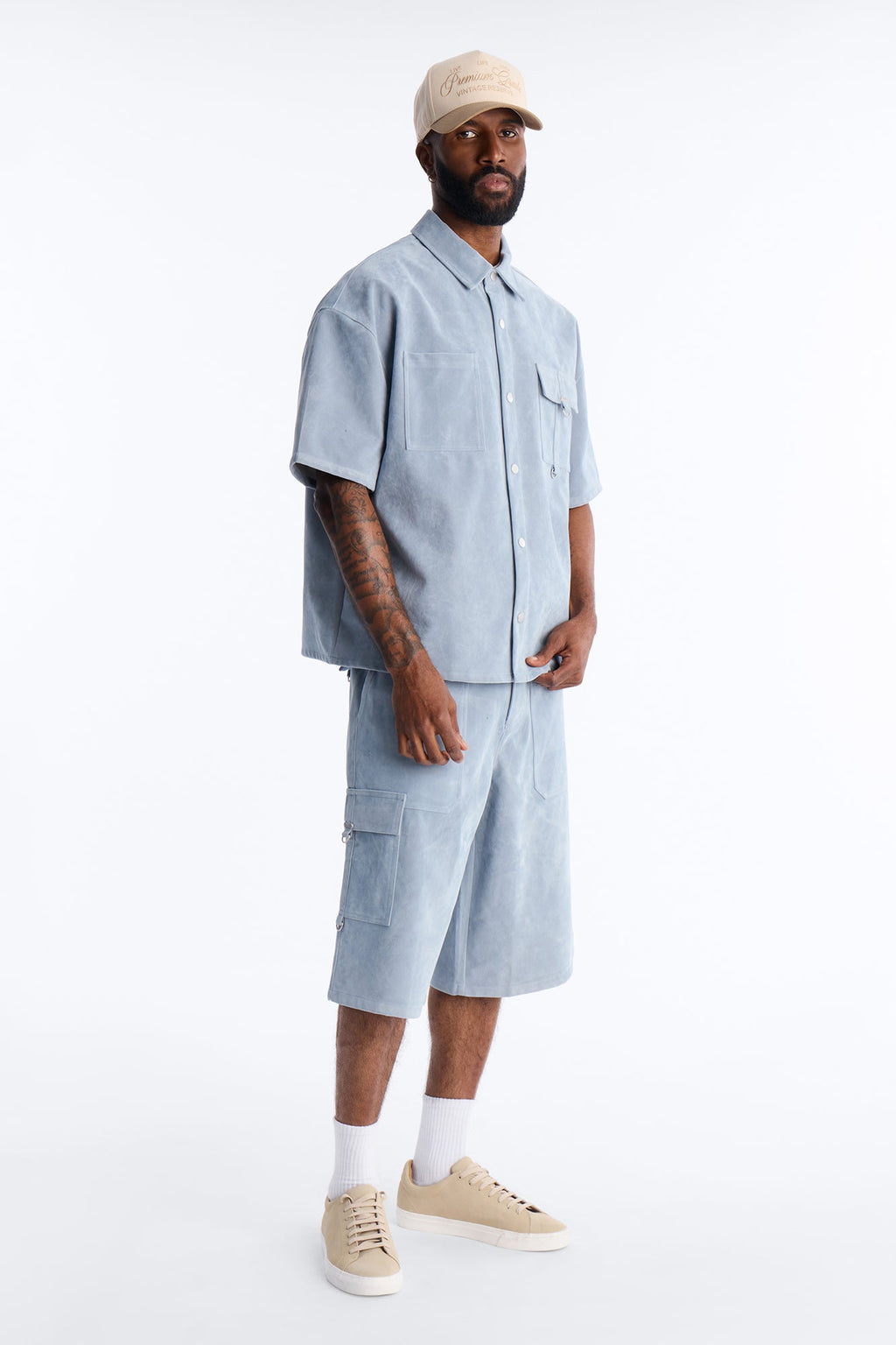 Baggy Freedom Ranch Faux Suede Utility Short - Light Blue