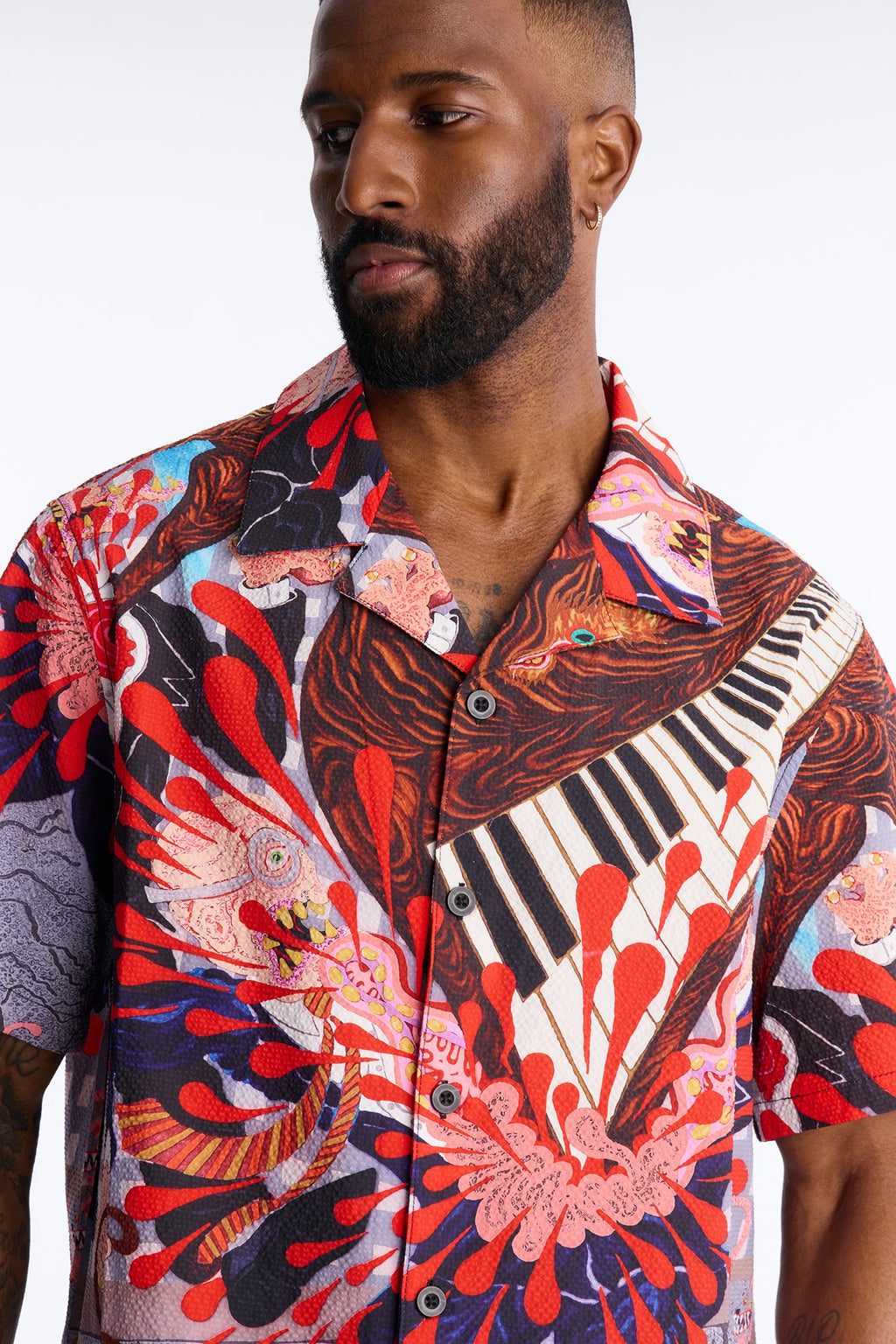 Relaxed Jazz Engine Seersucker Cuban Button Up Shirt - Multi Color