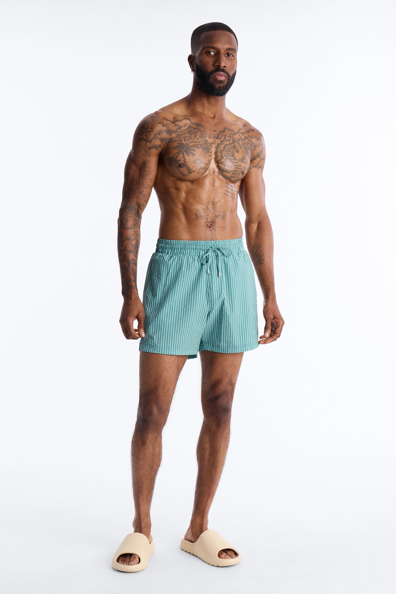 Striped Relaxin' Seersucker Swim Trunk 6″ - Green