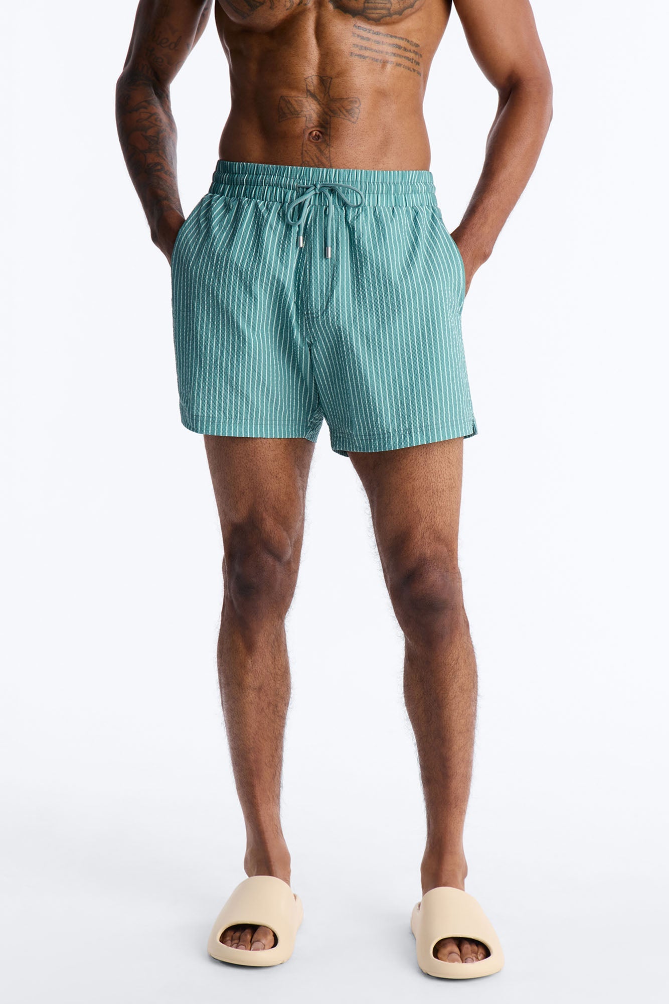 Striped Relaxin' Seersucker Swim Trunk 6″ - Green