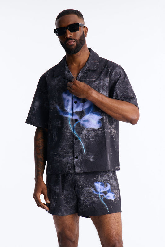 Relaxed Violet Static Seersucker Cuban Collar Up Shirt - Black