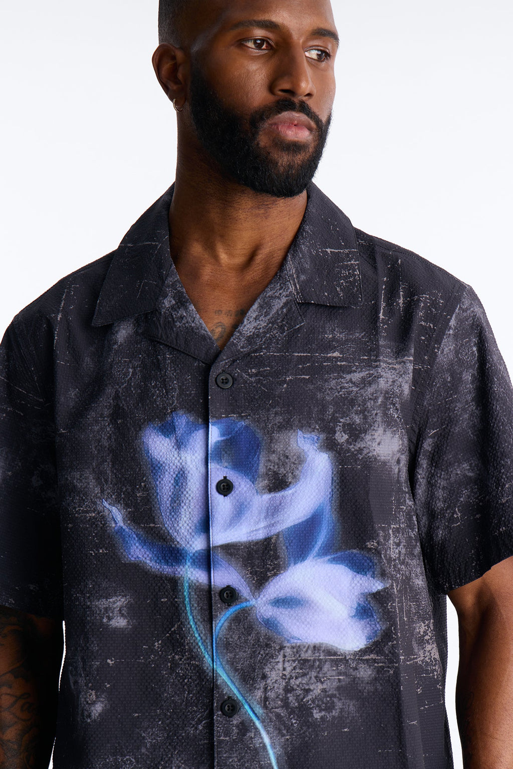 Relaxed Violet Static Seersucker Cuban Collar Up Shirt - Black