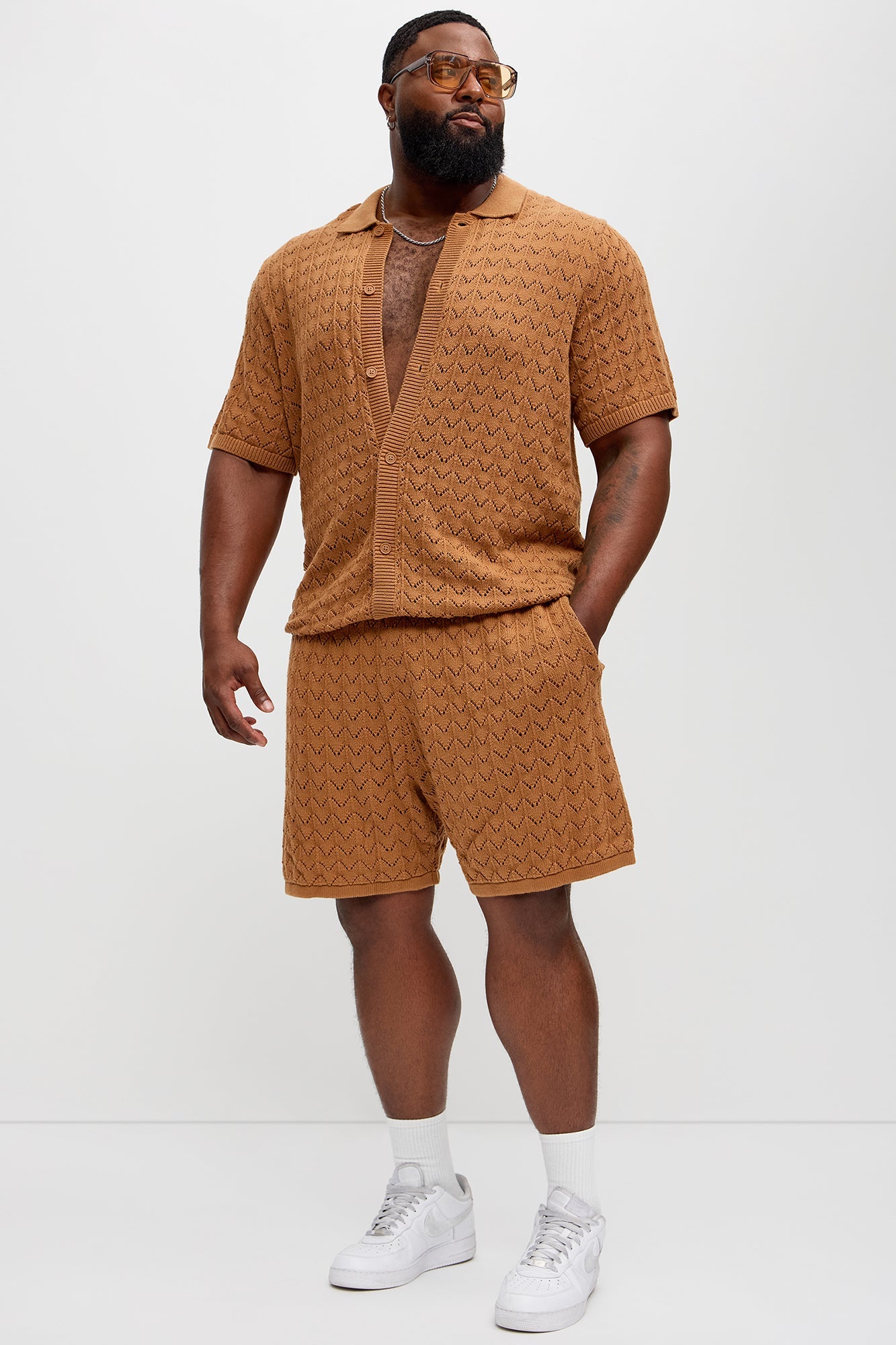 Waterfall Texture Open Knit Shirt - Brown