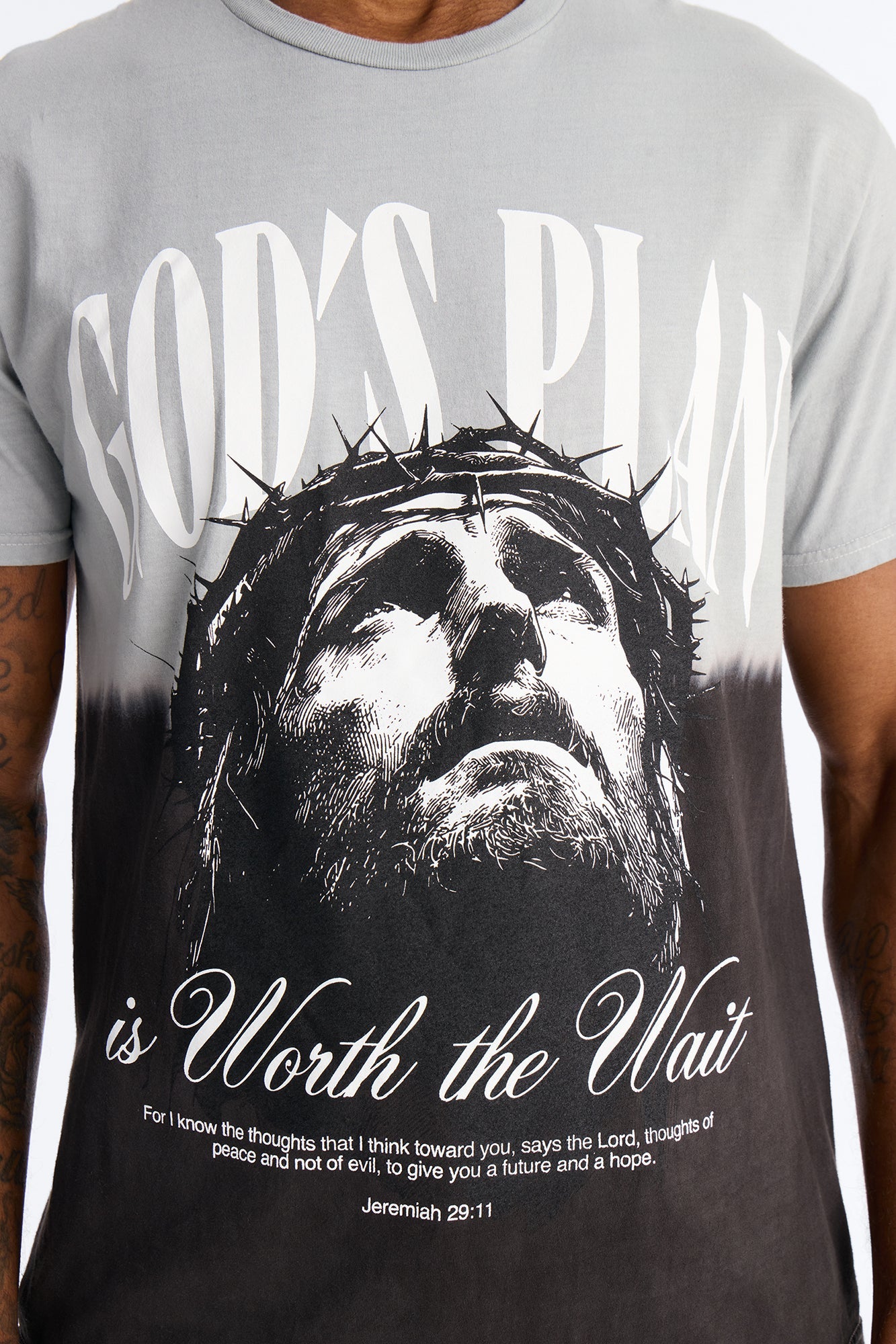 God's Plan Dip-Dye Graphic Short Sleeve Tee - Grey/Black