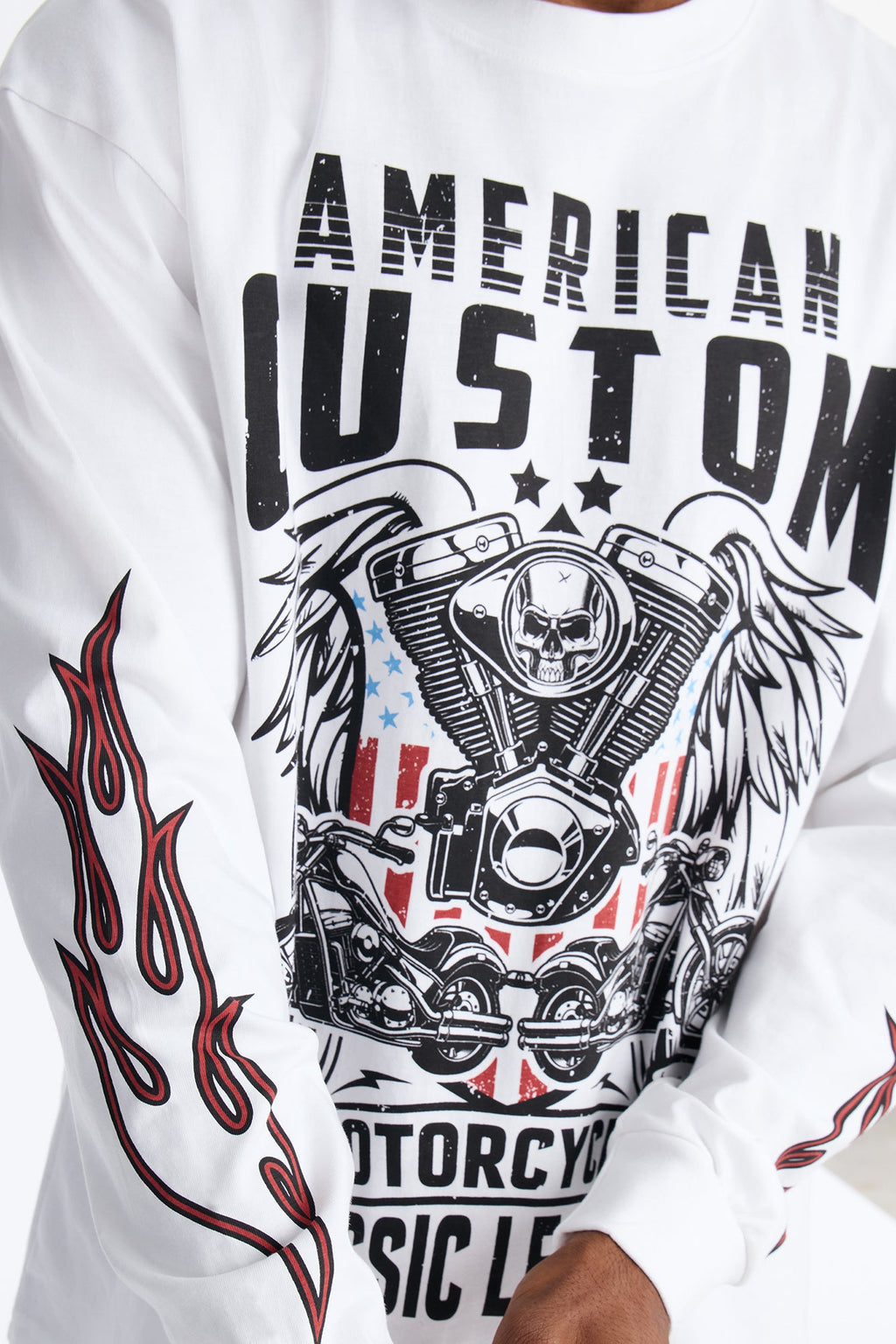 American Custom Motorcycle Oversized Long Sleeve Tee - White