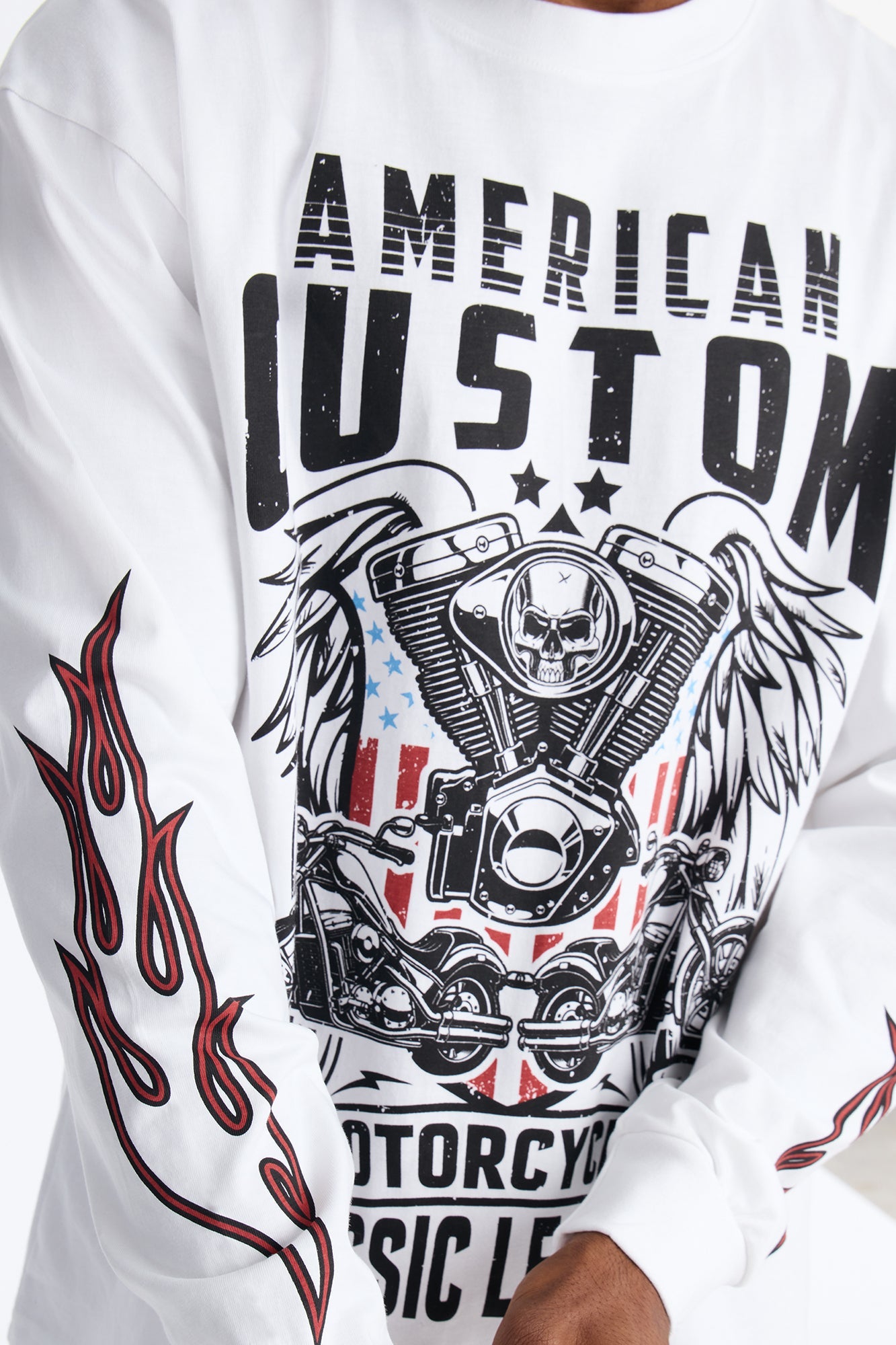 American Custom Motorcycle Oversized Long Sleeve Tee - White