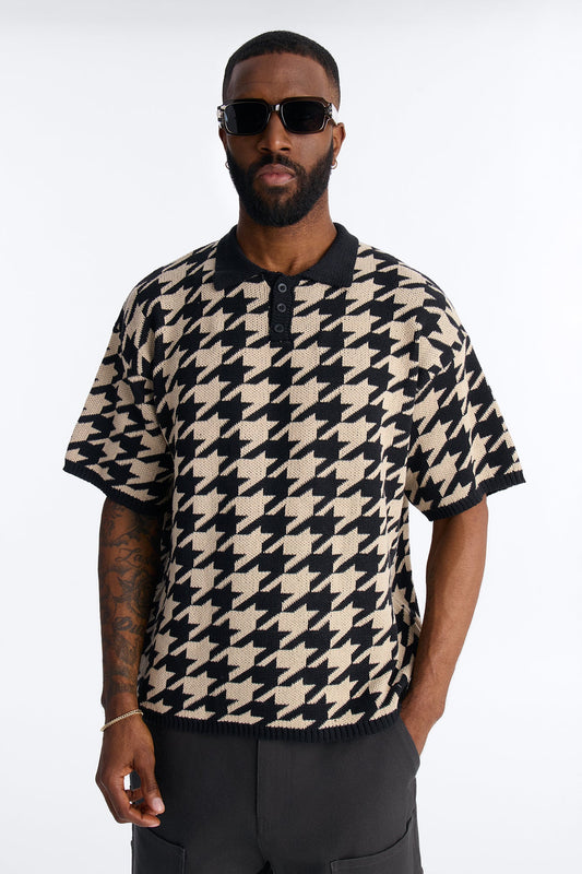 Houndstooth Short Sleeve Knitted Polo - Black