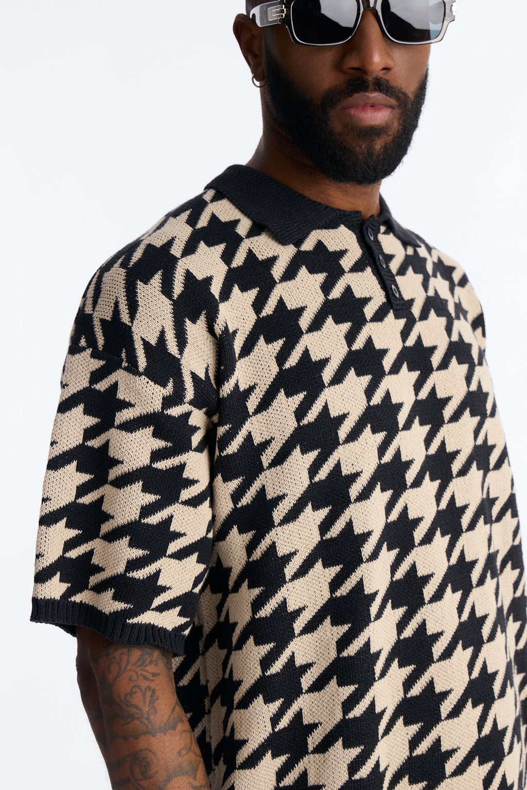 Houndstooth Short Sleeve Knitted Polo - Black