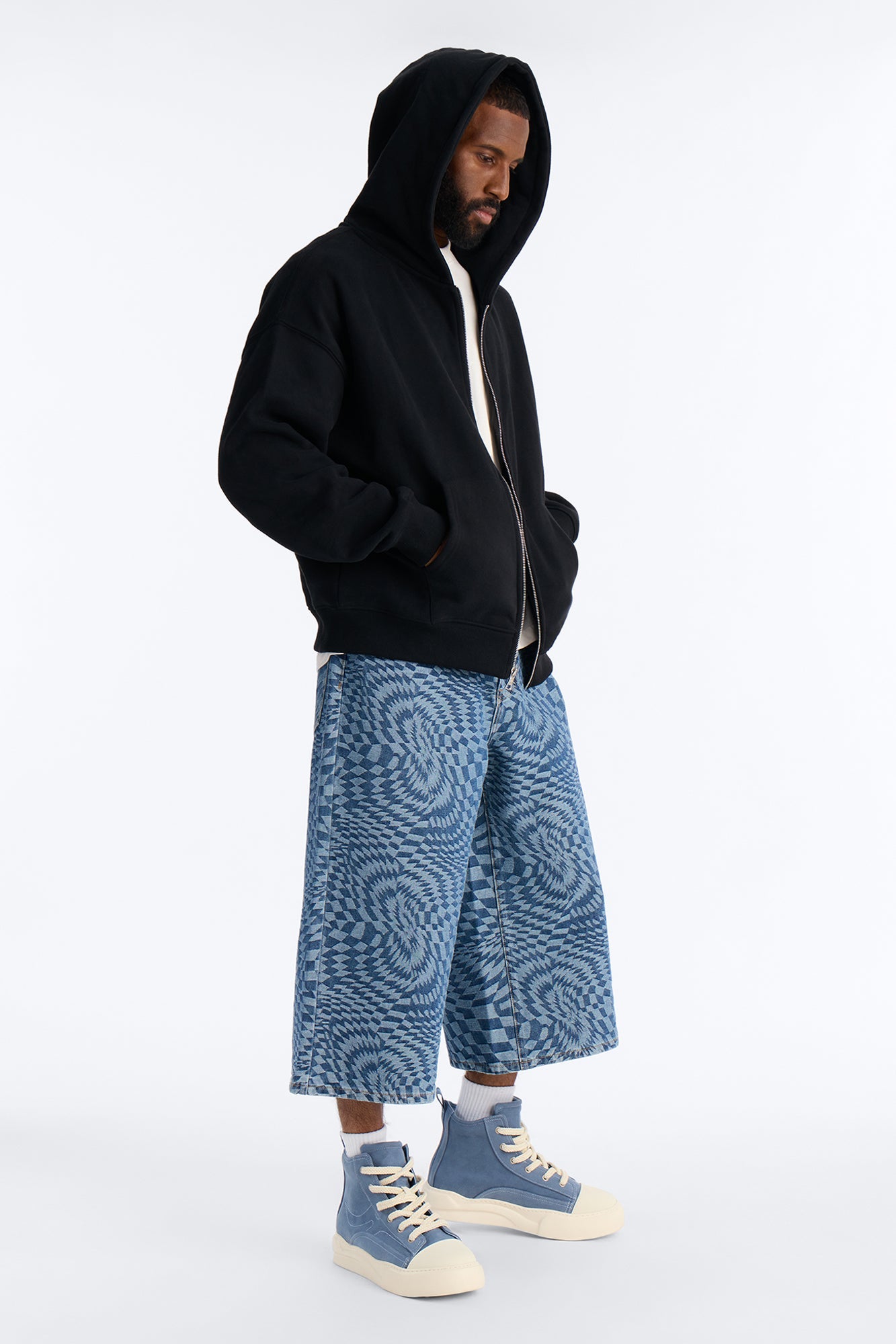 Super Baggy Trippy Check Denim Short - Medium Blue Wash