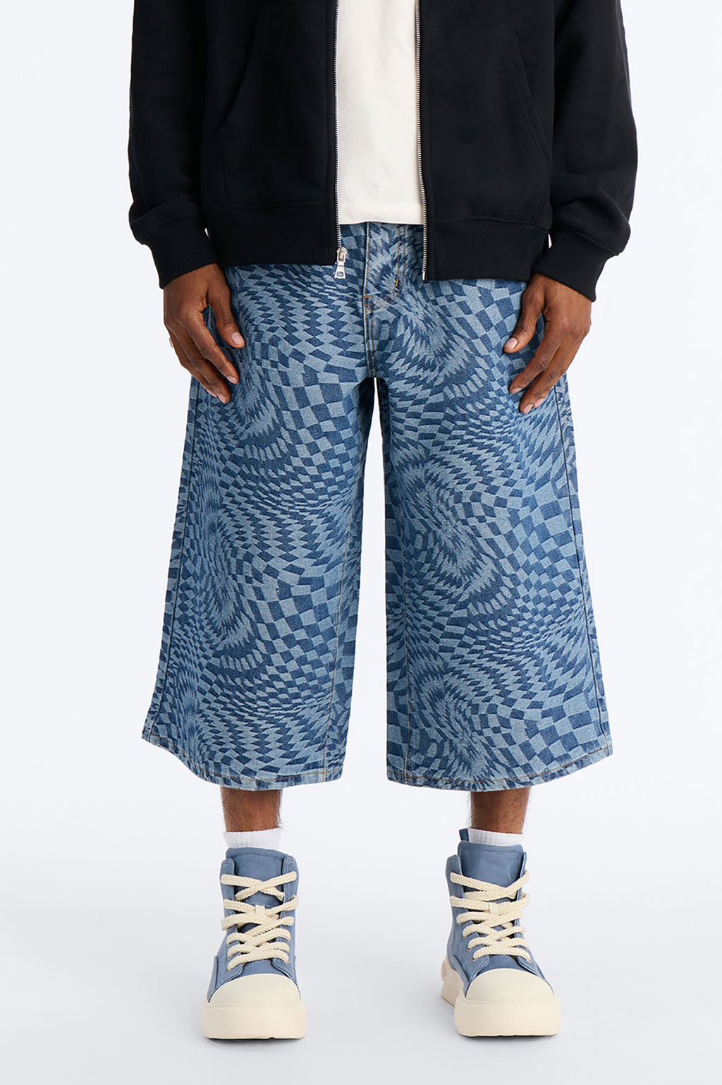 Super Baggy Trippy Check Denim Short - Medium Blue Wash