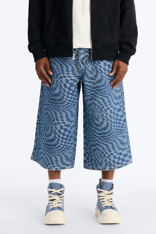 Super Baggy Trippy Check Denim Short - Medium Blue Wash