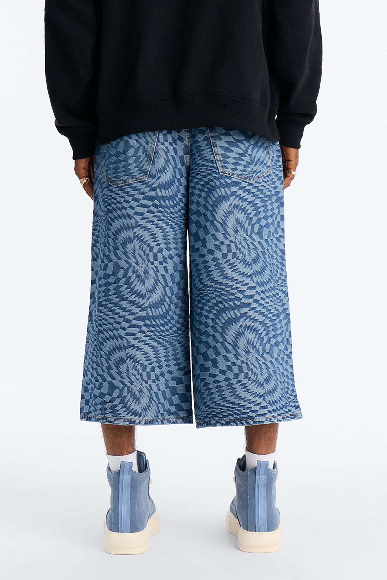 Super Baggy Trippy Check Denim Short - Medium Blue Wash