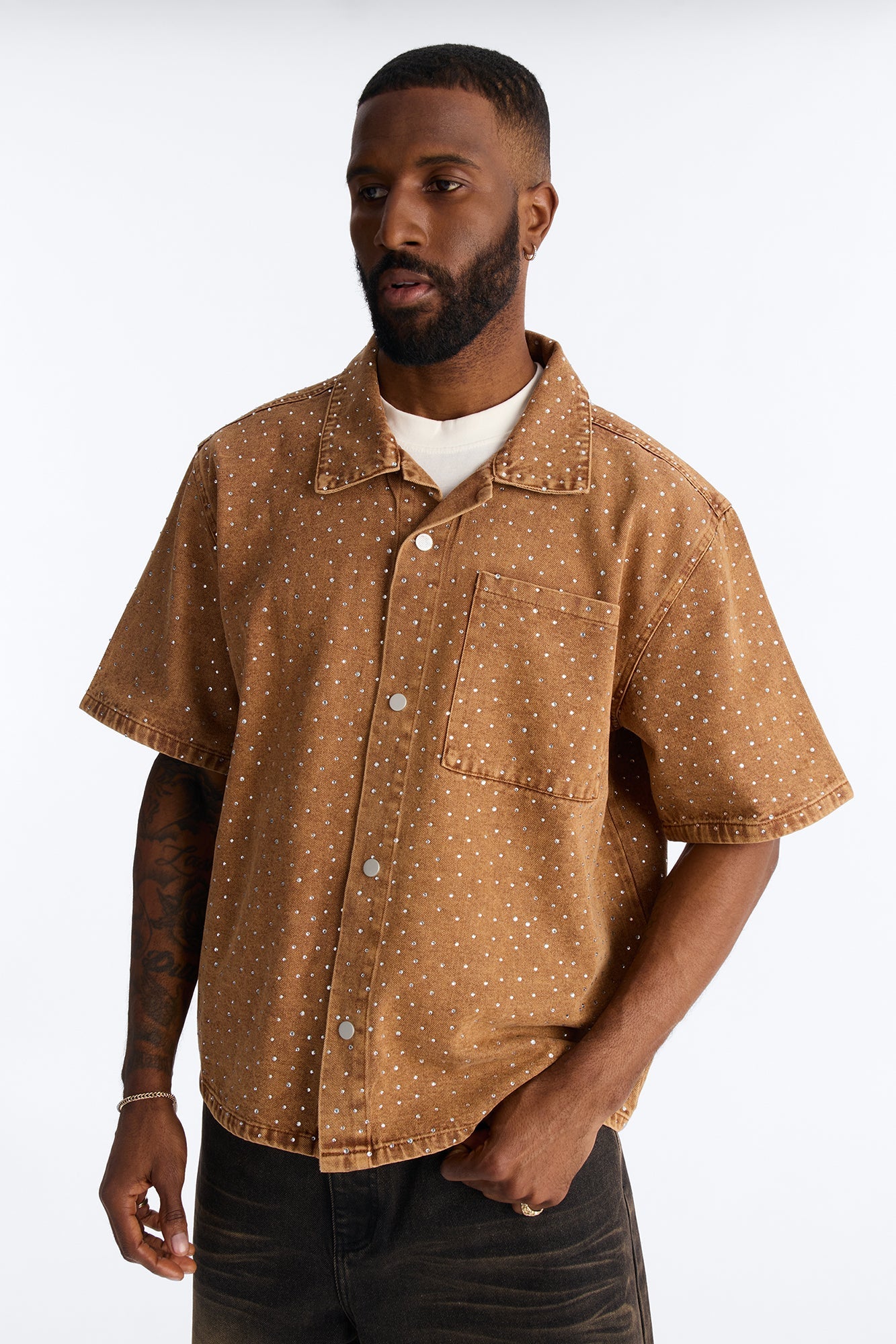Cropped Embellished Denim Button Up Shirt - Brown