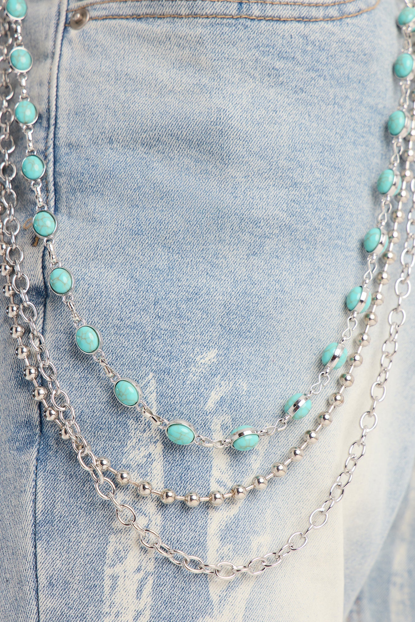Multi Link Turquoise Stacked Pant Chain - Silver