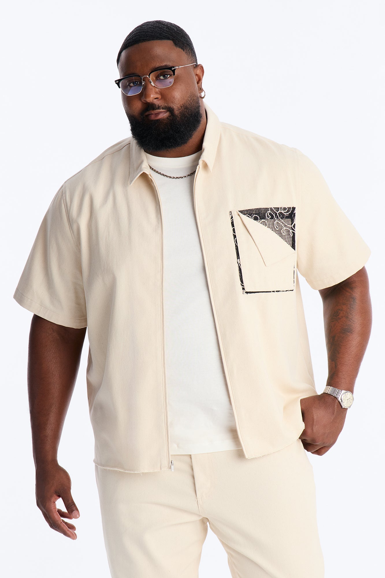 Textured Paradise Thread Zip Shirt - Cream