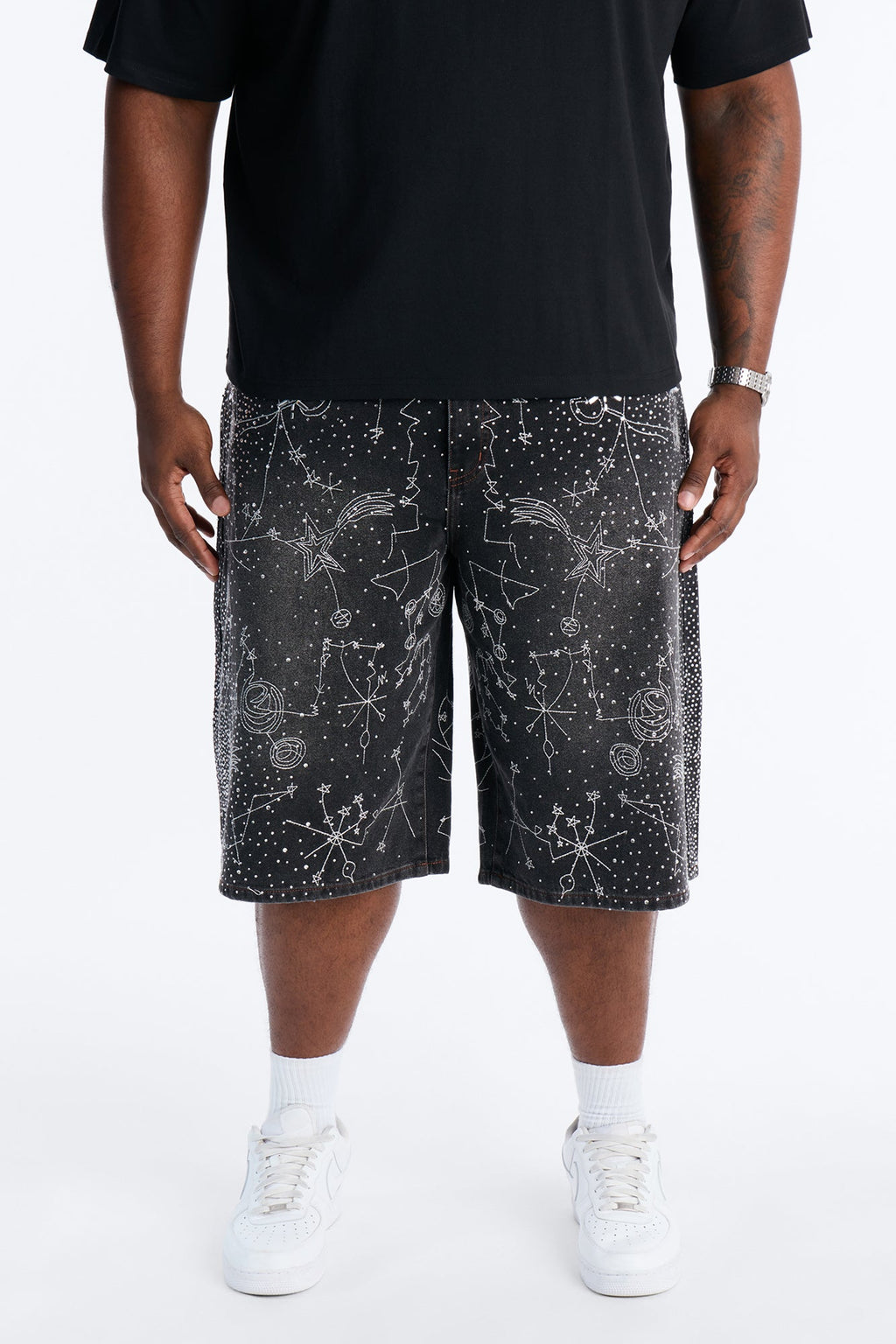 Rhinestone Interstellar Baggy Denim Short - Black Wash