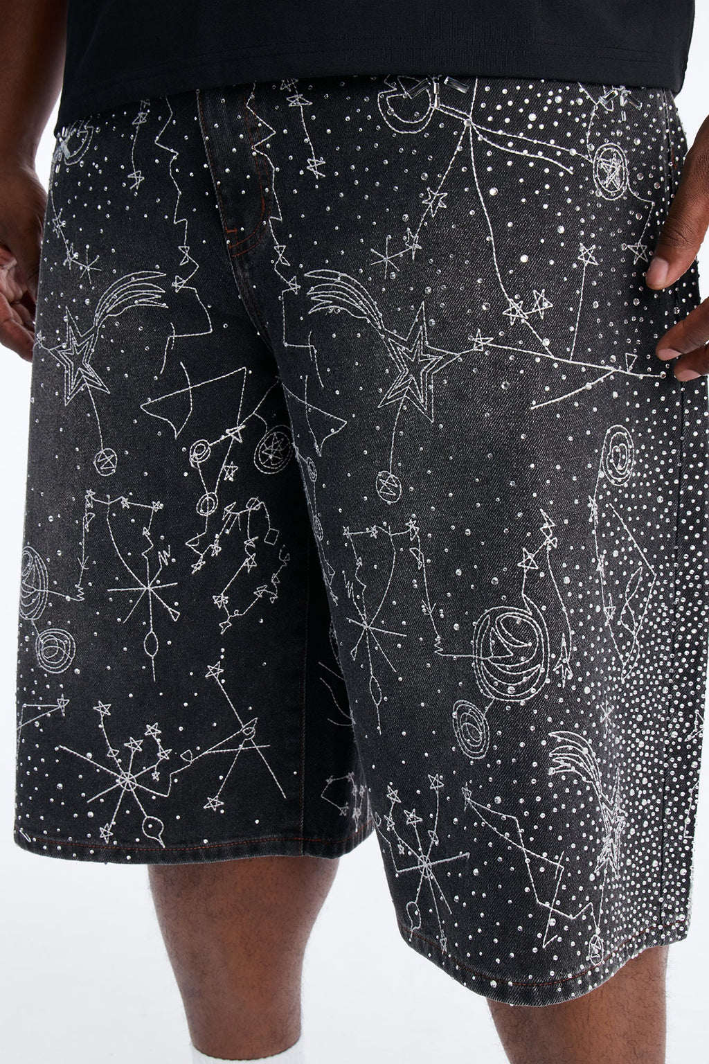 Rhinestone Interstellar Baggy Denim Short - Black Wash