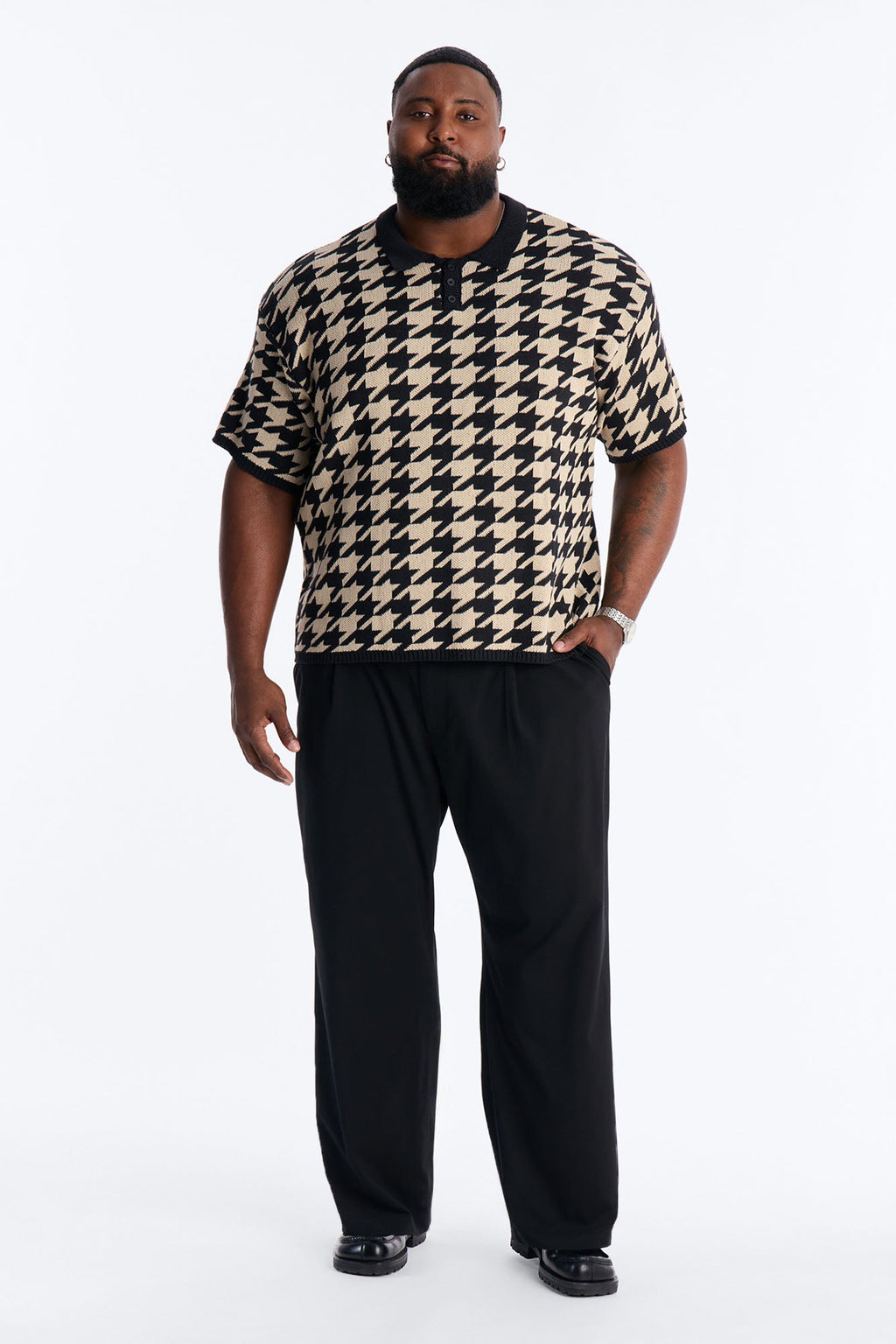 Houndstooth Short Sleeve Knitted Polo - Black