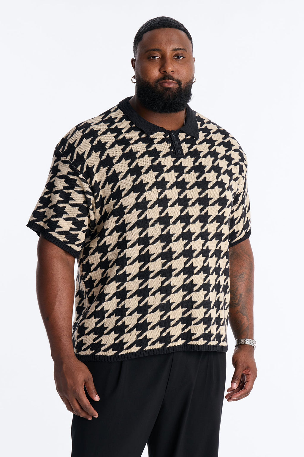 Houndstooth Short Sleeve Knitted Polo - Black