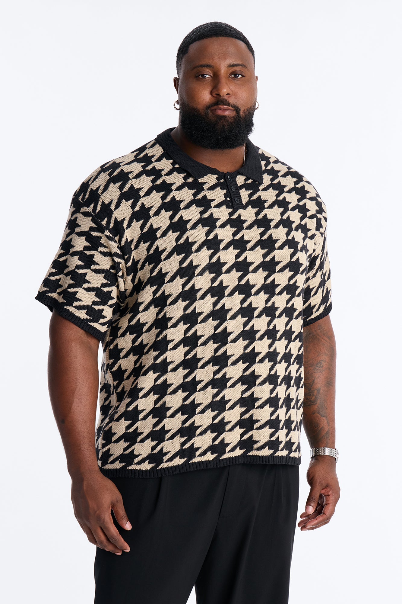 Houndstooth Short Sleeve Knitted Polo - Black