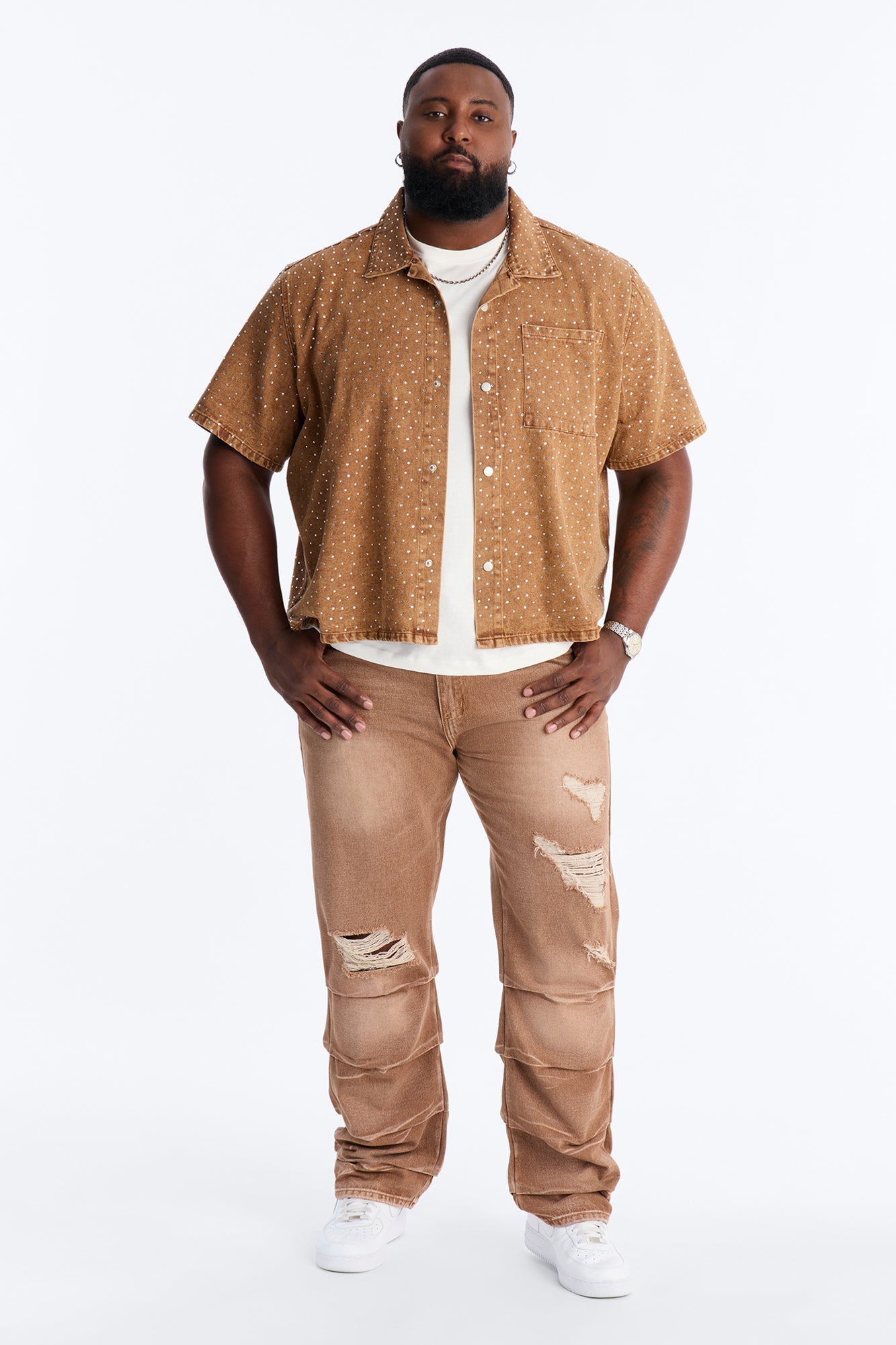 Cropped Embellished Denim Button Up Shirt - Brown