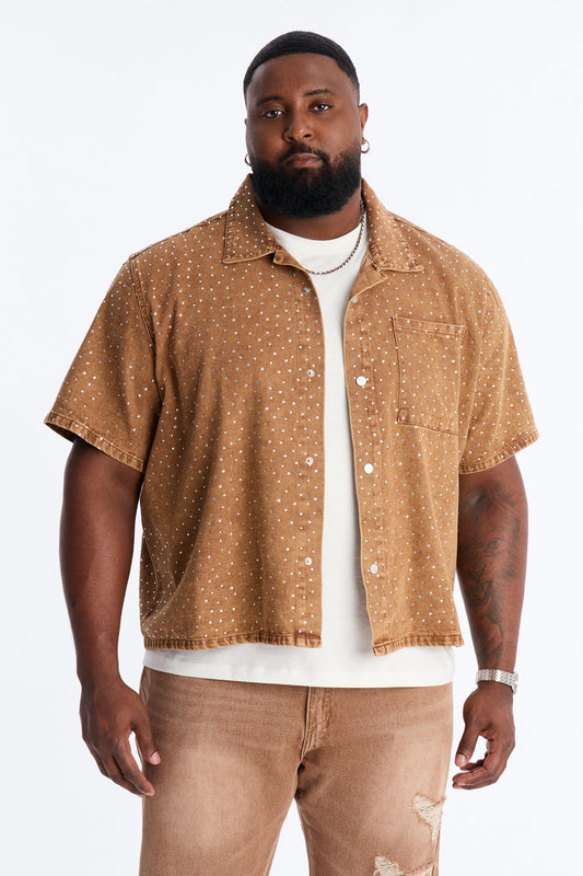 Cropped Embellished Denim Button Up Shirt - Brown