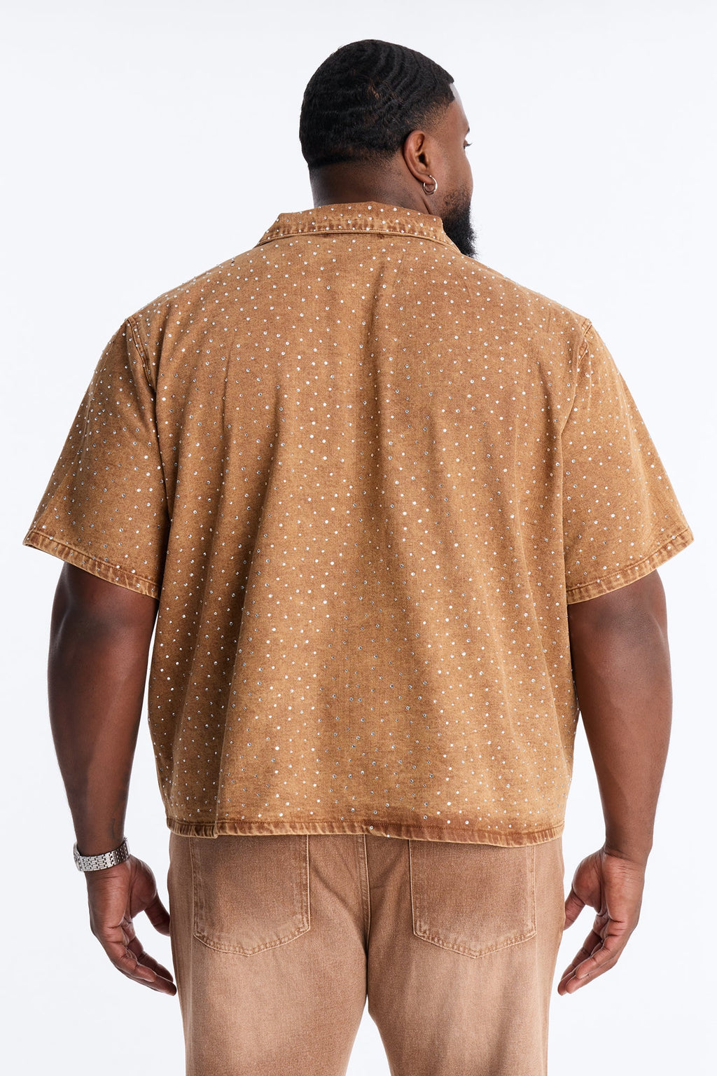 Cropped Embellished Denim Button Up Shirt - Brown