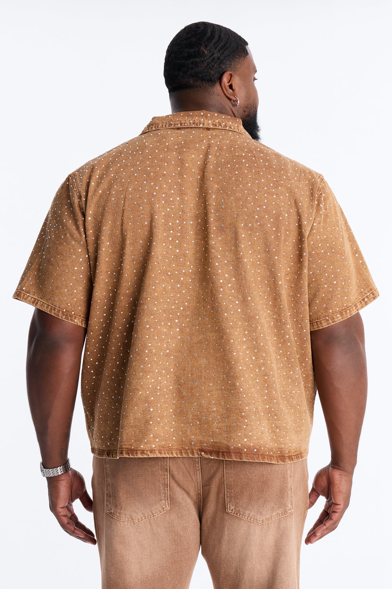 Cropped Embellished Denim Button Up Shirt - Brown