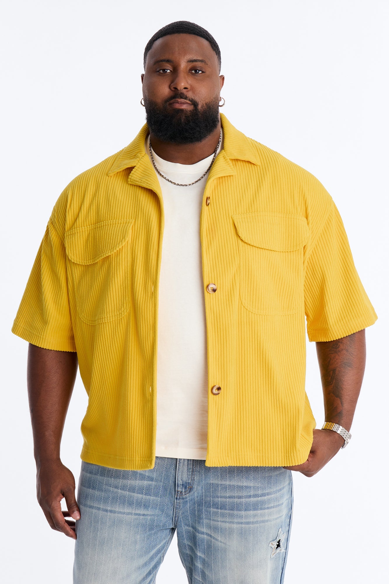 Ultra Oversized Corduroy Button Up Shirt - Yellow