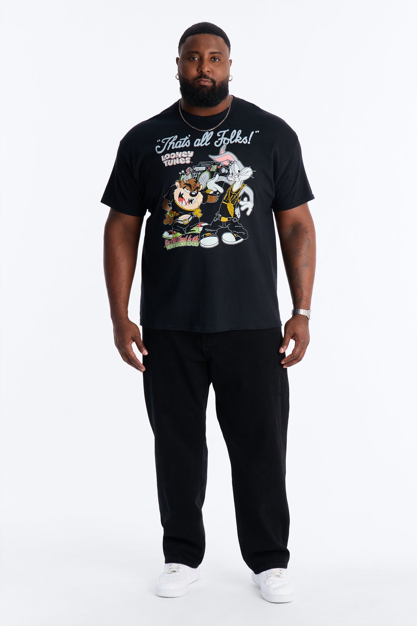 Looney Tunes Thats All Folks Rhinestone Short Sleeve Tee - Black