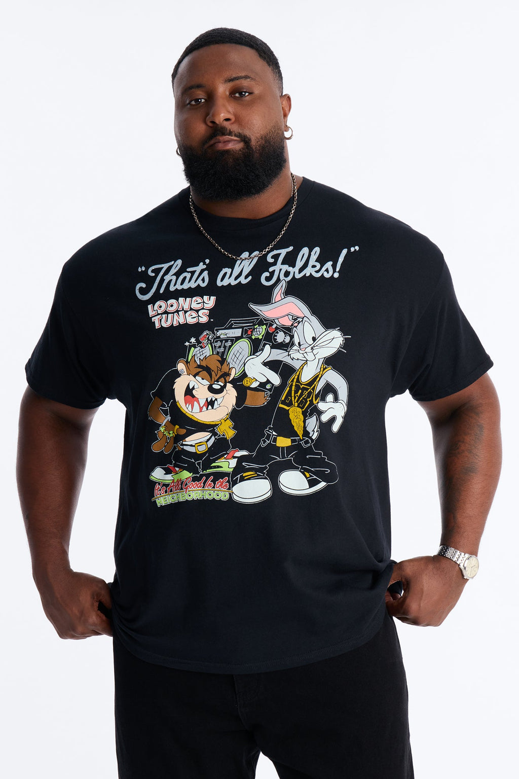 Looney Tunes Thats All Folks Rhinestone Short Sleeve Tee - Black