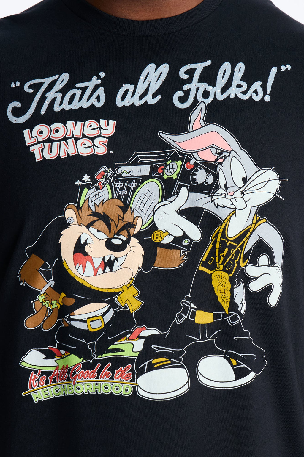 Looney Tunes Thats All Folks Rhinestone Short Sleeve Tee - Black